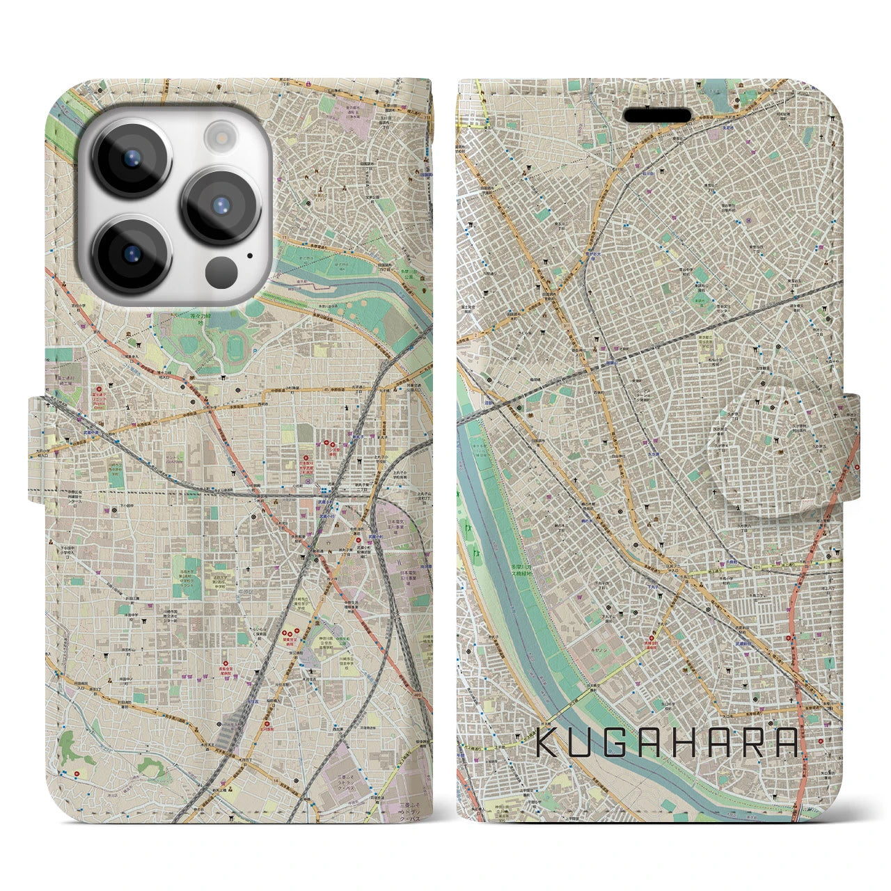 【久が原】地図柄iPhoneケース（手帳両面タイプ・ナチュラル）iPhone 14 Pro 用