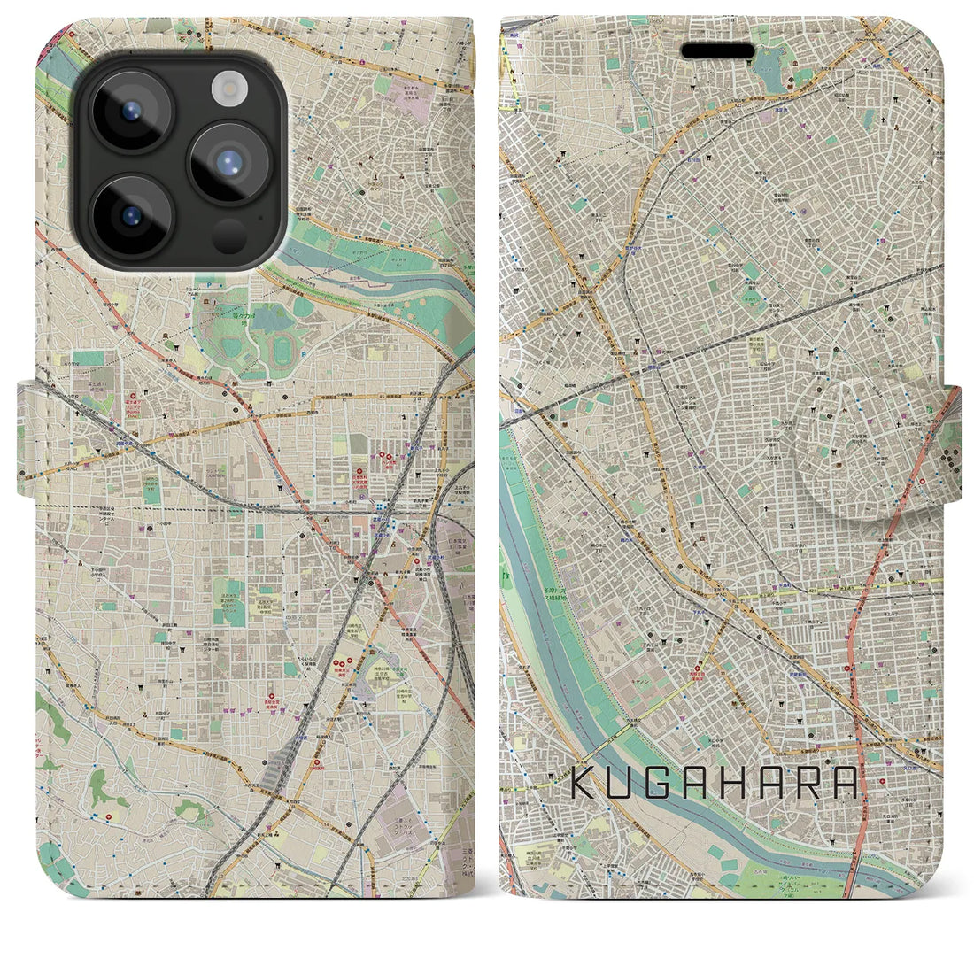 【久が原】地図柄iPhoneケース（手帳両面タイプ・ナチュラル）iPhone 15 Pro Max 用