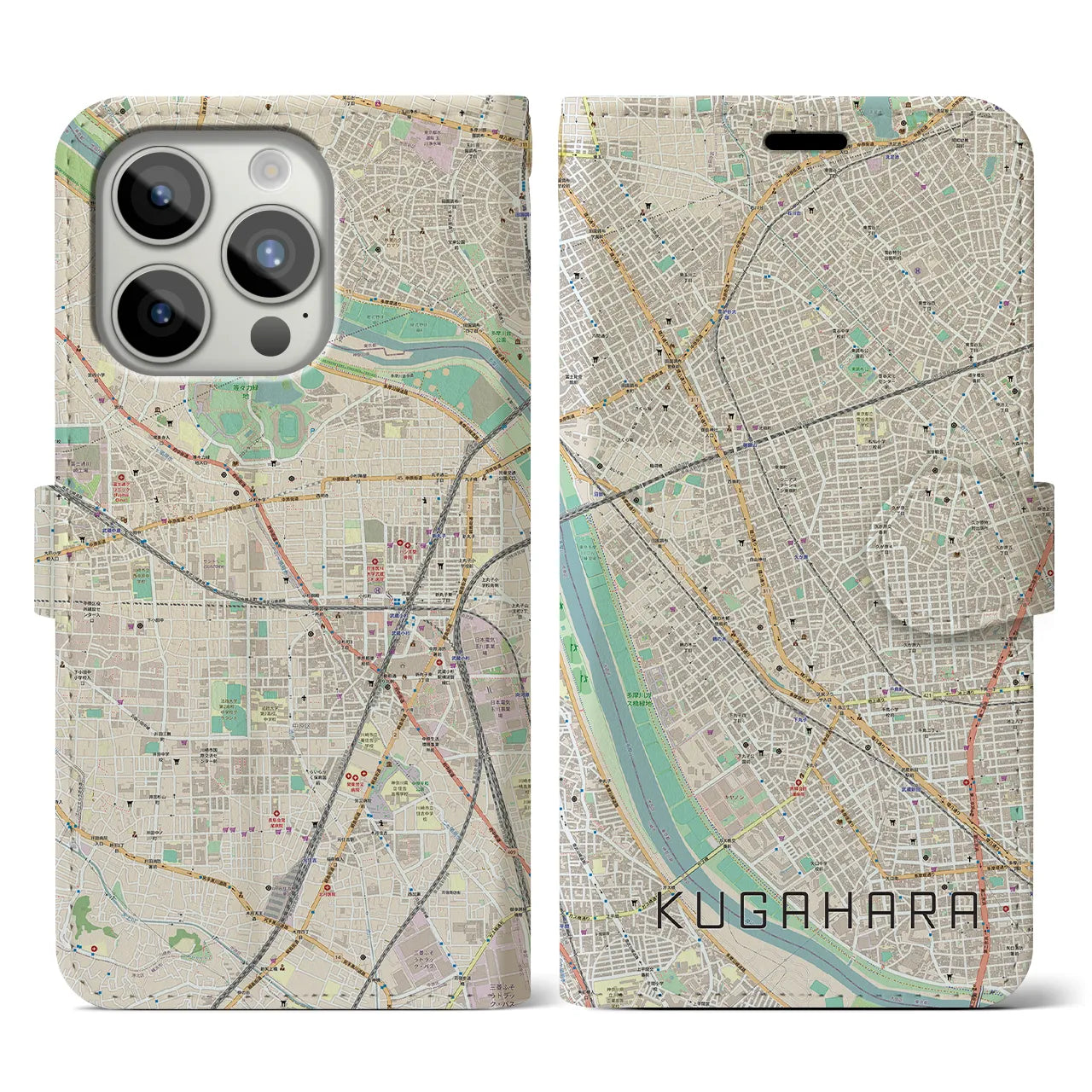 【久が原】地図柄iPhoneケース（手帳両面タイプ・ナチュラル）iPhone 15 Pro 用