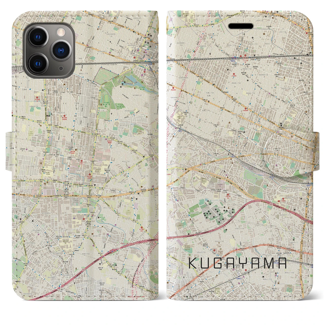 【久我山】地図柄iPhoneケース（手帳両面タイプ・ナチュラル）iPhone 11 Pro Max 用
