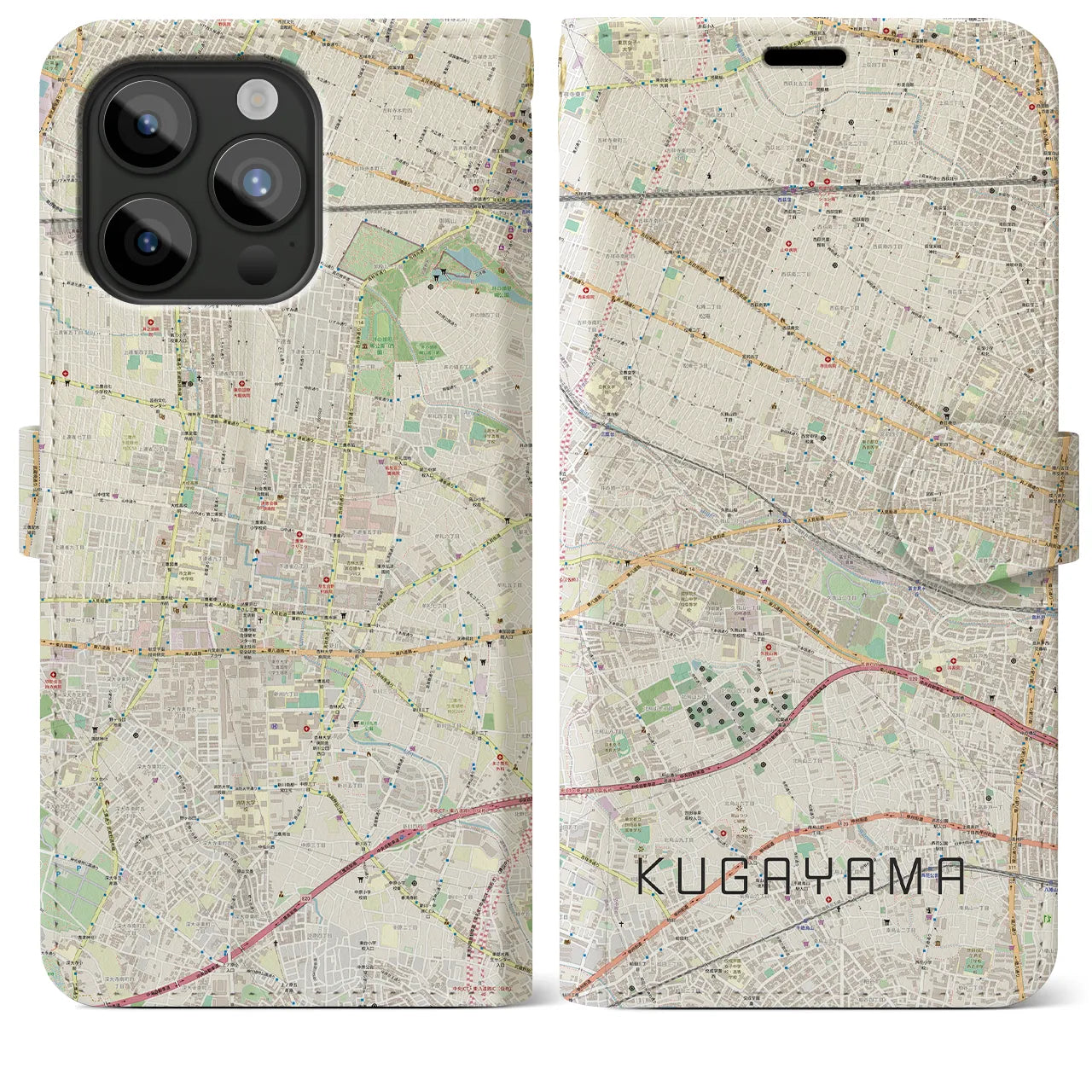 【久我山】地図柄iPhoneケース（手帳両面タイプ・ナチュラル）iPhone 15 Pro Max 用