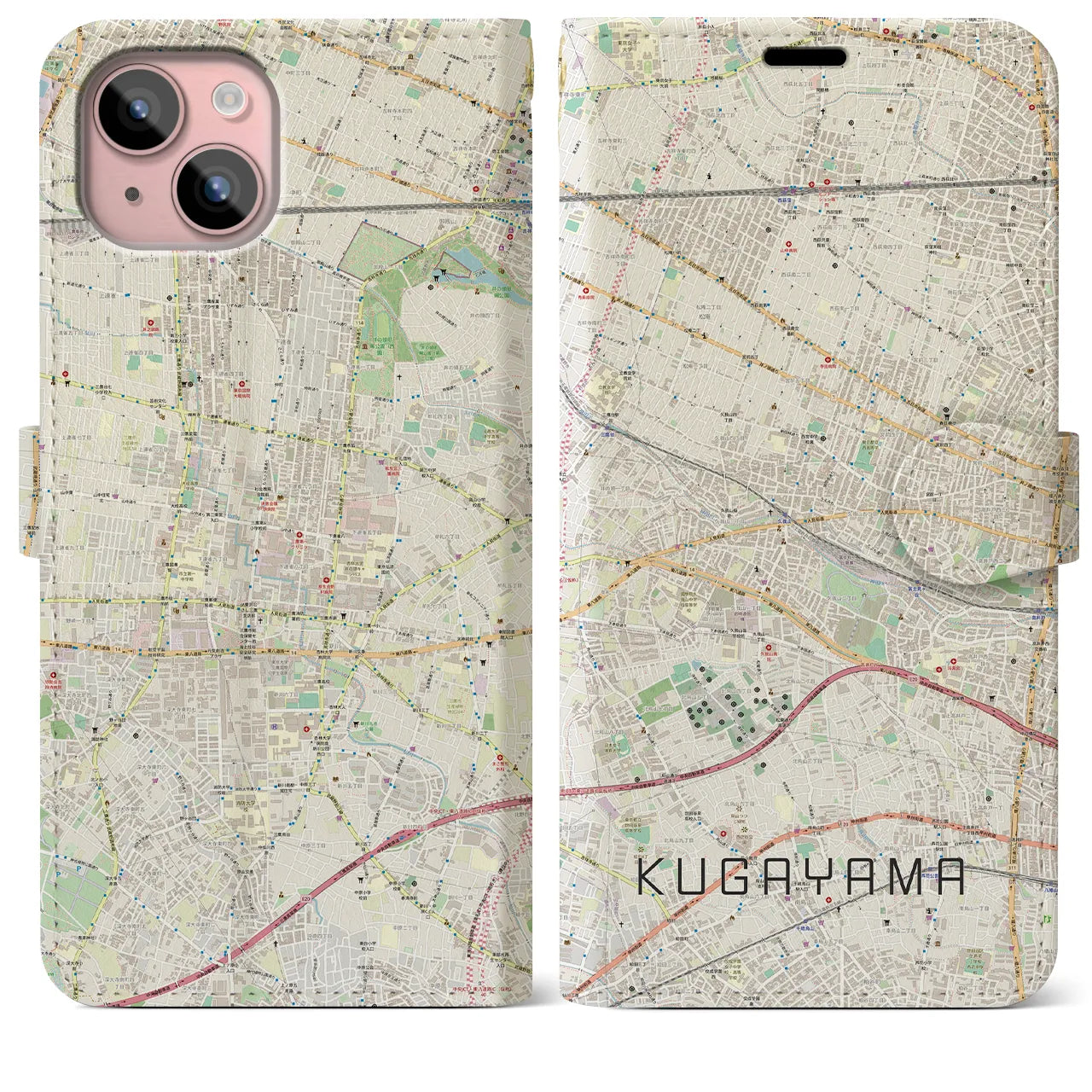 【久我山】地図柄iPhoneケース（手帳両面タイプ・ナチュラル）iPhone 15 Plus 用