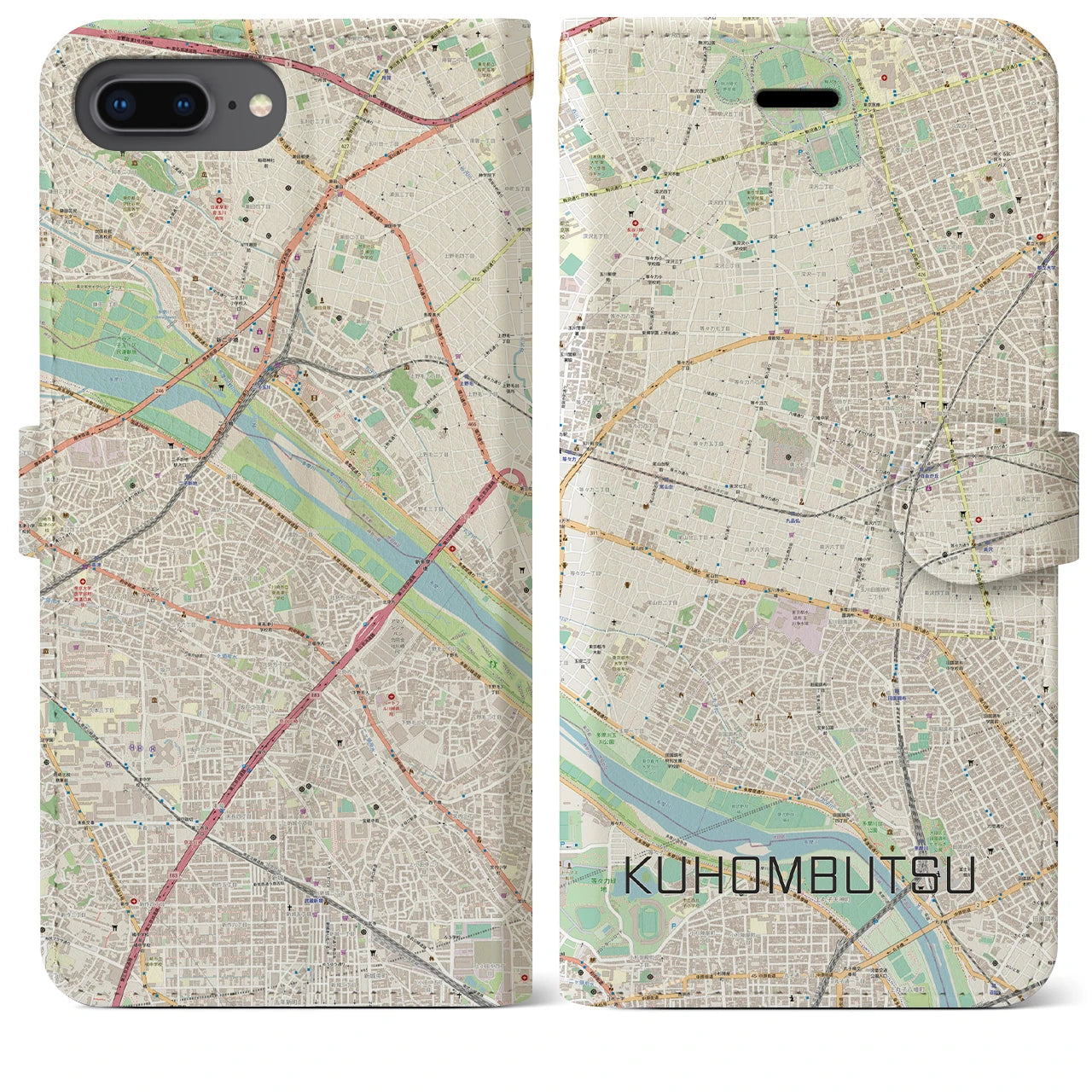 【九品仏】地図柄iPhoneケース（手帳両面タイプ・ナチュラル）iPhone 8Plus /7Plus / 6sPlus / 6Plus 用