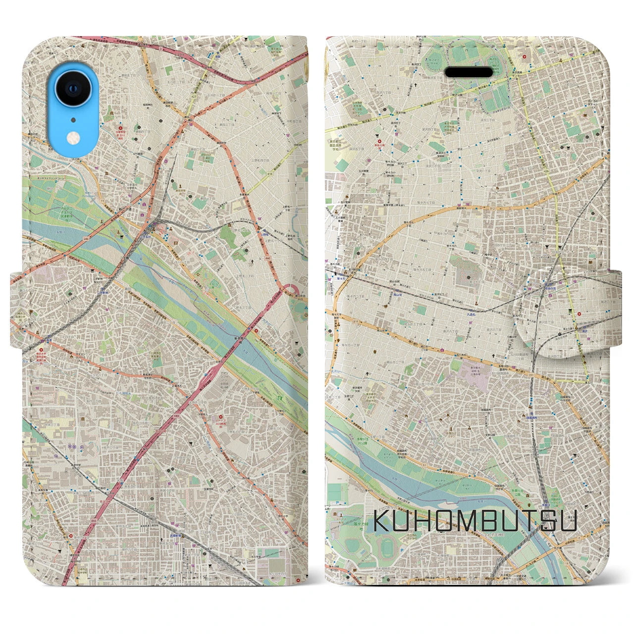 【九品仏】地図柄iPhoneケース（手帳両面タイプ・ナチュラル）iPhone XR 用