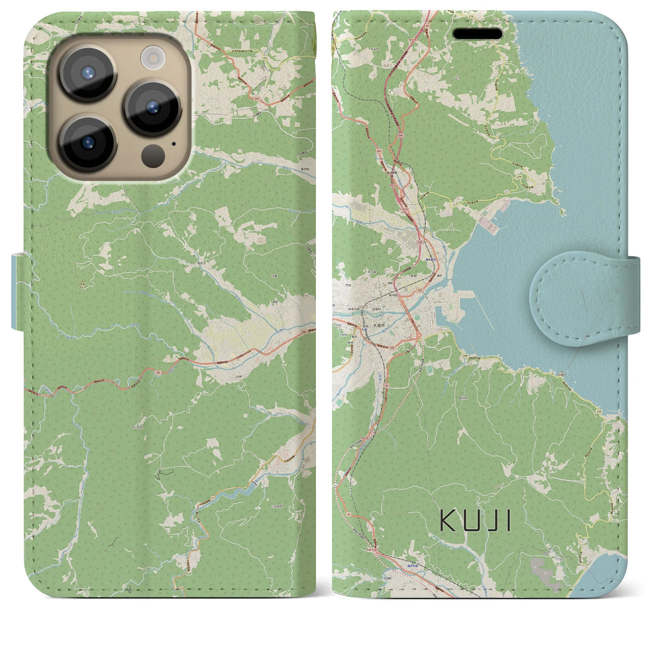 【久慈】地図柄iPhoneケース（手帳両面タイプ・ナチュラル）iPhone 14 Pro Max 用