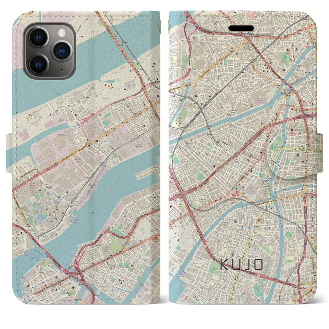 【九条（大阪府）】地図柄iPhoneケース（手帳両面タイプ・ナチュラル）iPhone 11 Pro Max 用