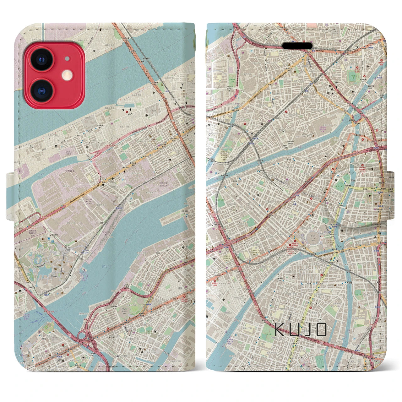 【九条（大阪府）】地図柄iPhoneケース（手帳両面タイプ・ナチュラル）iPhone 11 用