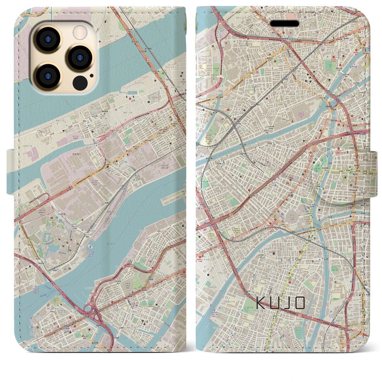 【九条（大阪府）】地図柄iPhoneケース（手帳両面タイプ・ナチュラル）iPhone 12 Pro Max 用