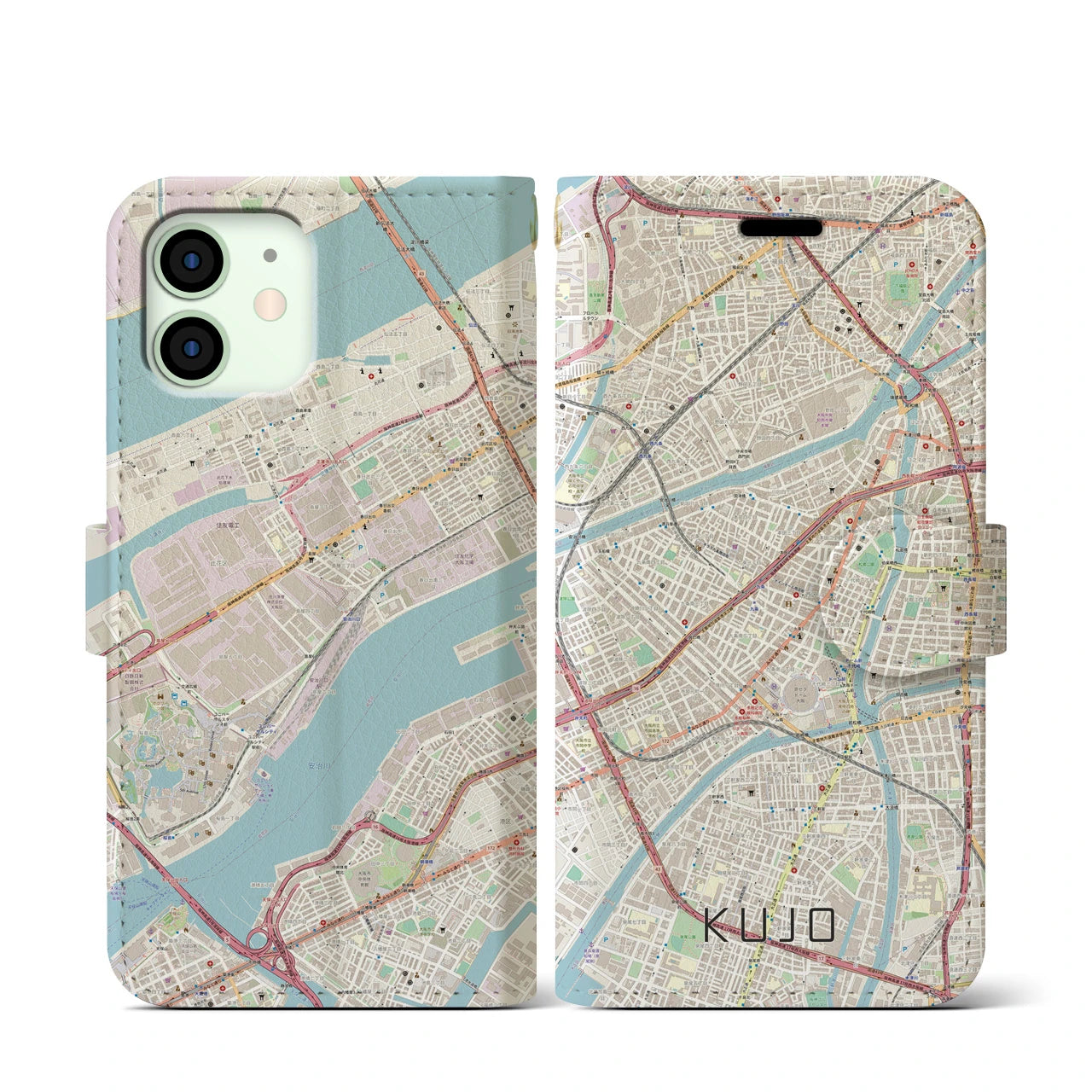【九条（大阪府）】地図柄iPhoneケース（手帳両面タイプ・ナチュラル）iPhone 12 mini 用