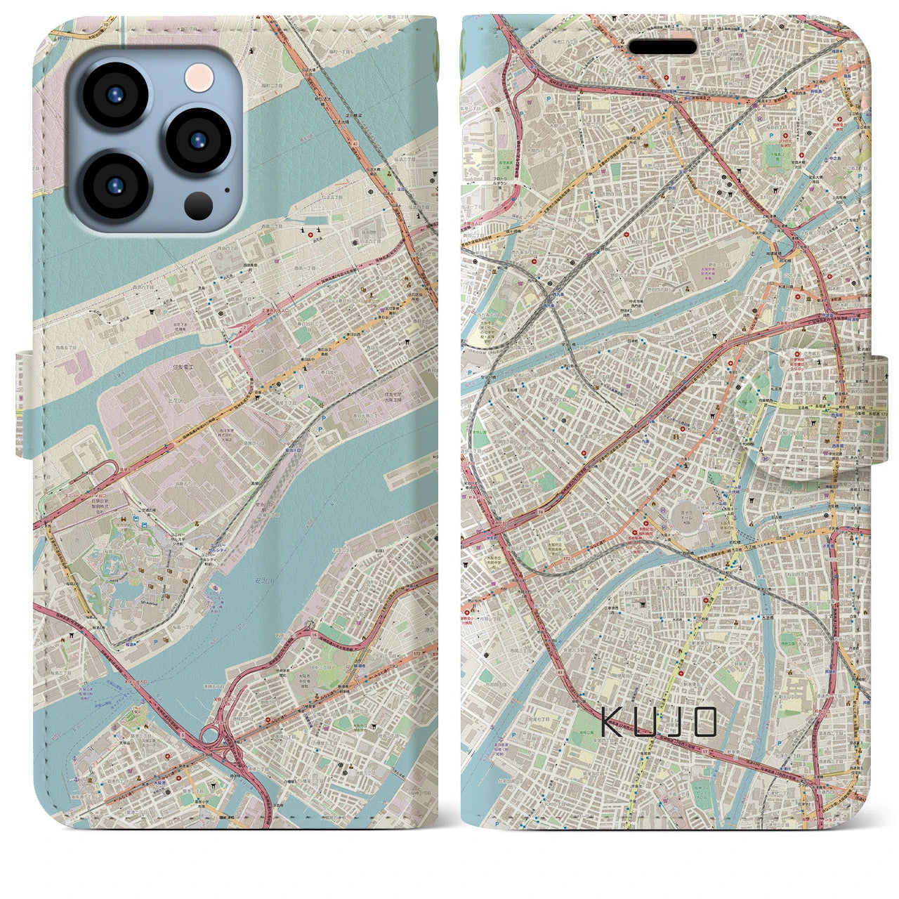 【九条（大阪府）】地図柄iPhoneケース（手帳両面タイプ・ナチュラル）iPhone 13 Pro Max 用