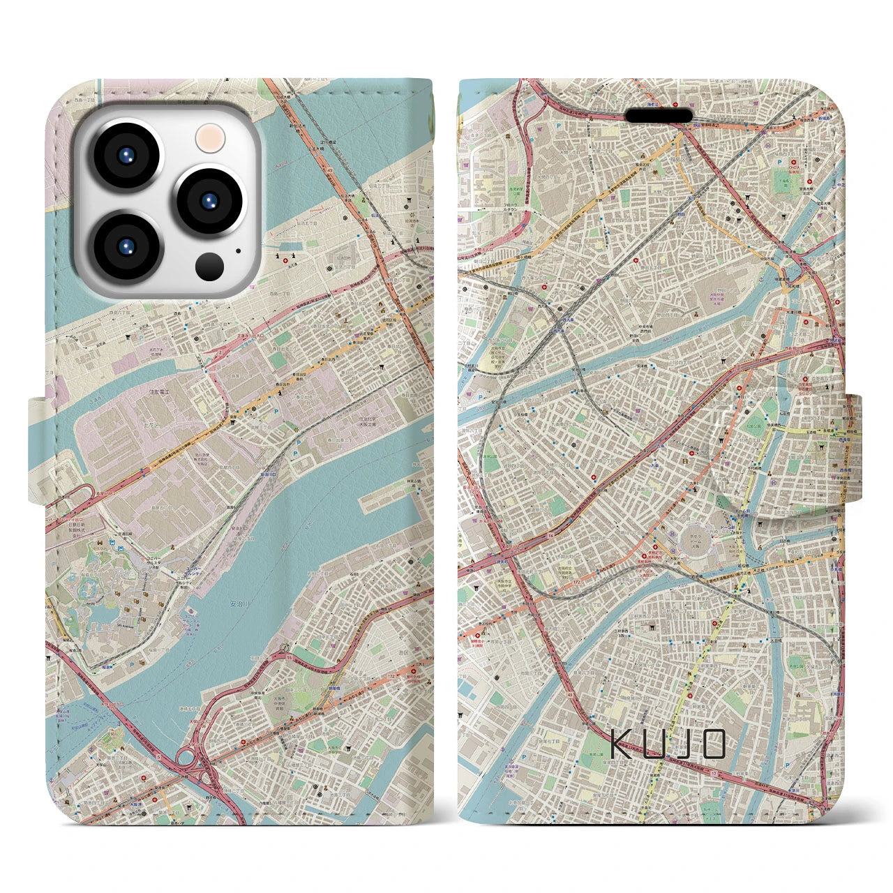 【九条（大阪府）】地図柄iPhoneケース（手帳両面タイプ・ナチュラル）iPhone 13 Pro 用
