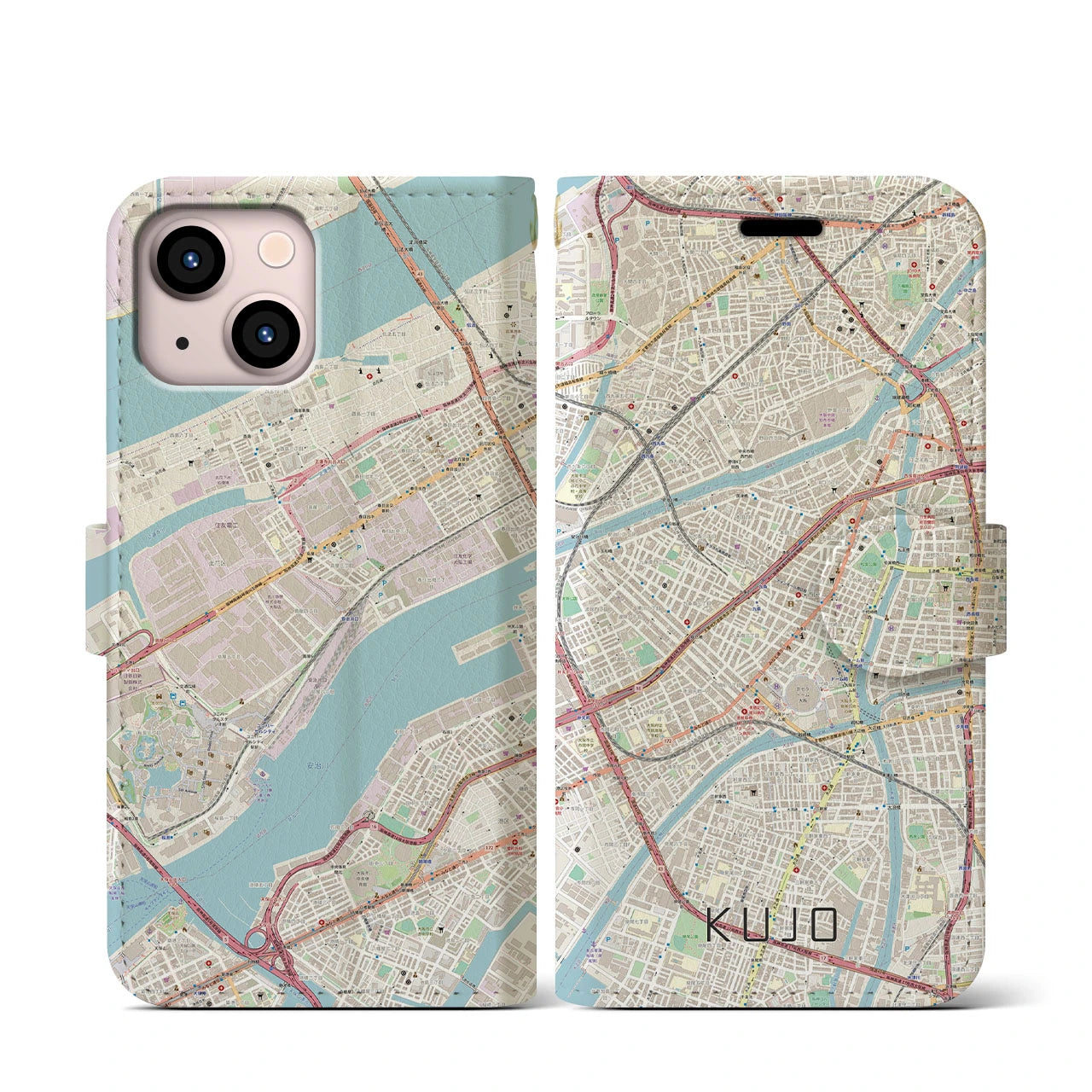 【九条（大阪府）】地図柄iPhoneケース（手帳両面タイプ・ナチュラル）iPhone 13 mini 用