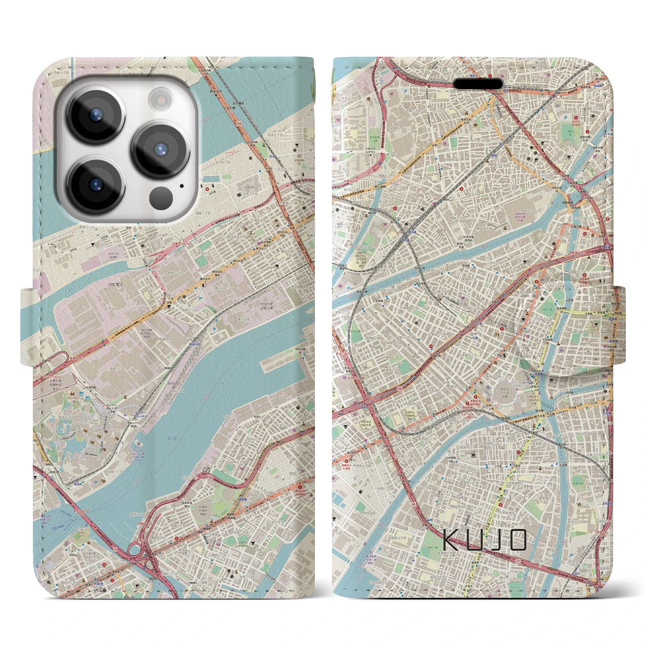 【九条（大阪府）】地図柄iPhoneケース（手帳両面タイプ・ナチュラル）iPhone 14 Pro 用