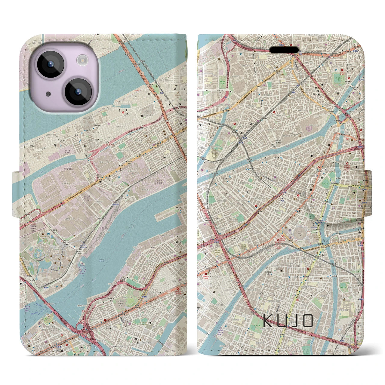 【九条（大阪府）】地図柄iPhoneケース（手帳両面タイプ・ナチュラル）iPhone 14 用