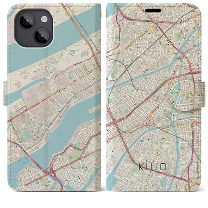 【九条（大阪府）】地図柄iPhoneケース（手帳タイプ）ナチュラル・iPhone 14 Plus 用