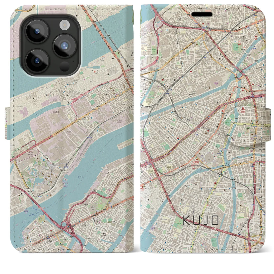 【九条（大阪府）】地図柄iPhoneケース（手帳両面タイプ・ナチュラル）iPhone 15 Pro Max 用