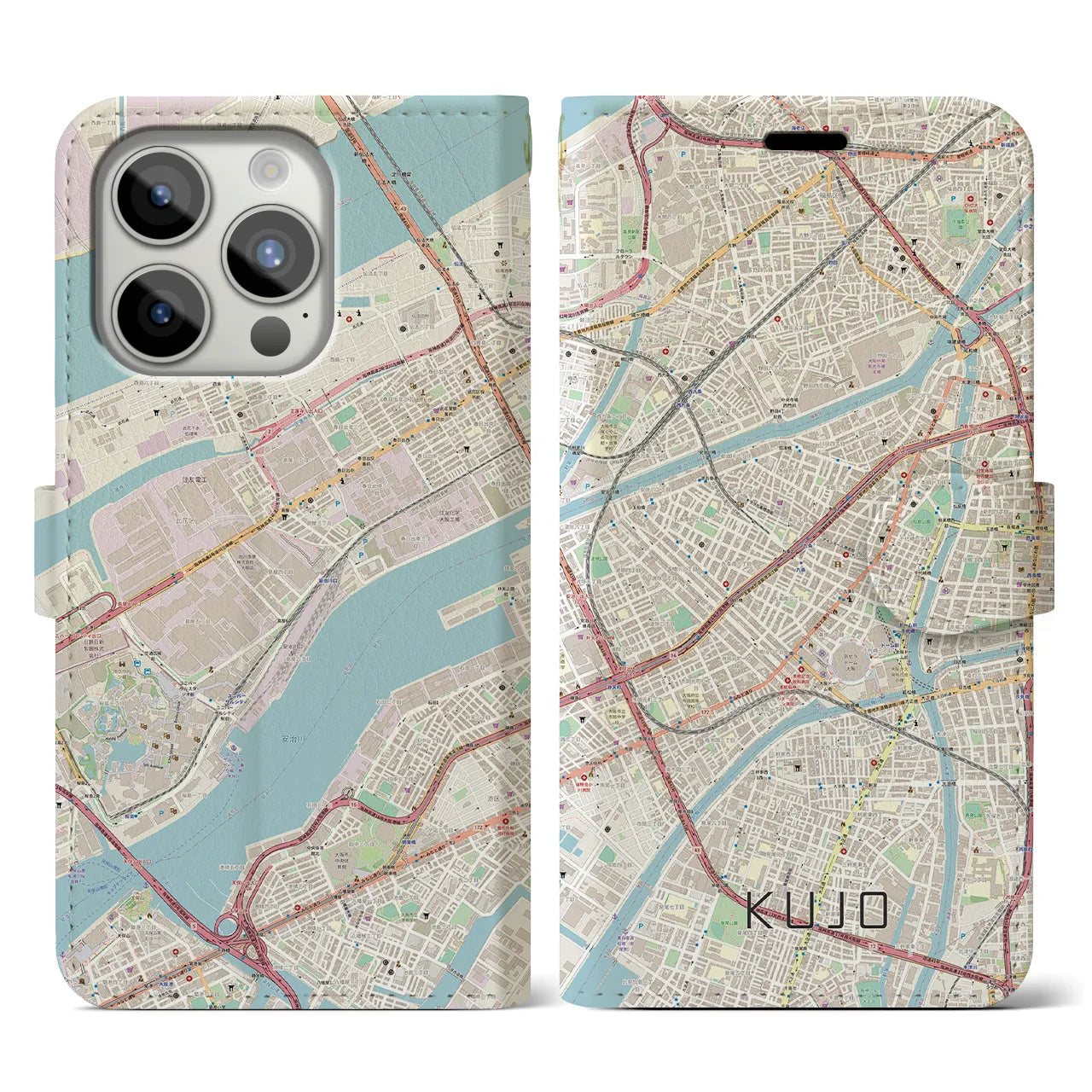 【九条（大阪府）】地図柄iPhoneケース（手帳両面タイプ・ナチュラル）iPhone 15 Pro 用