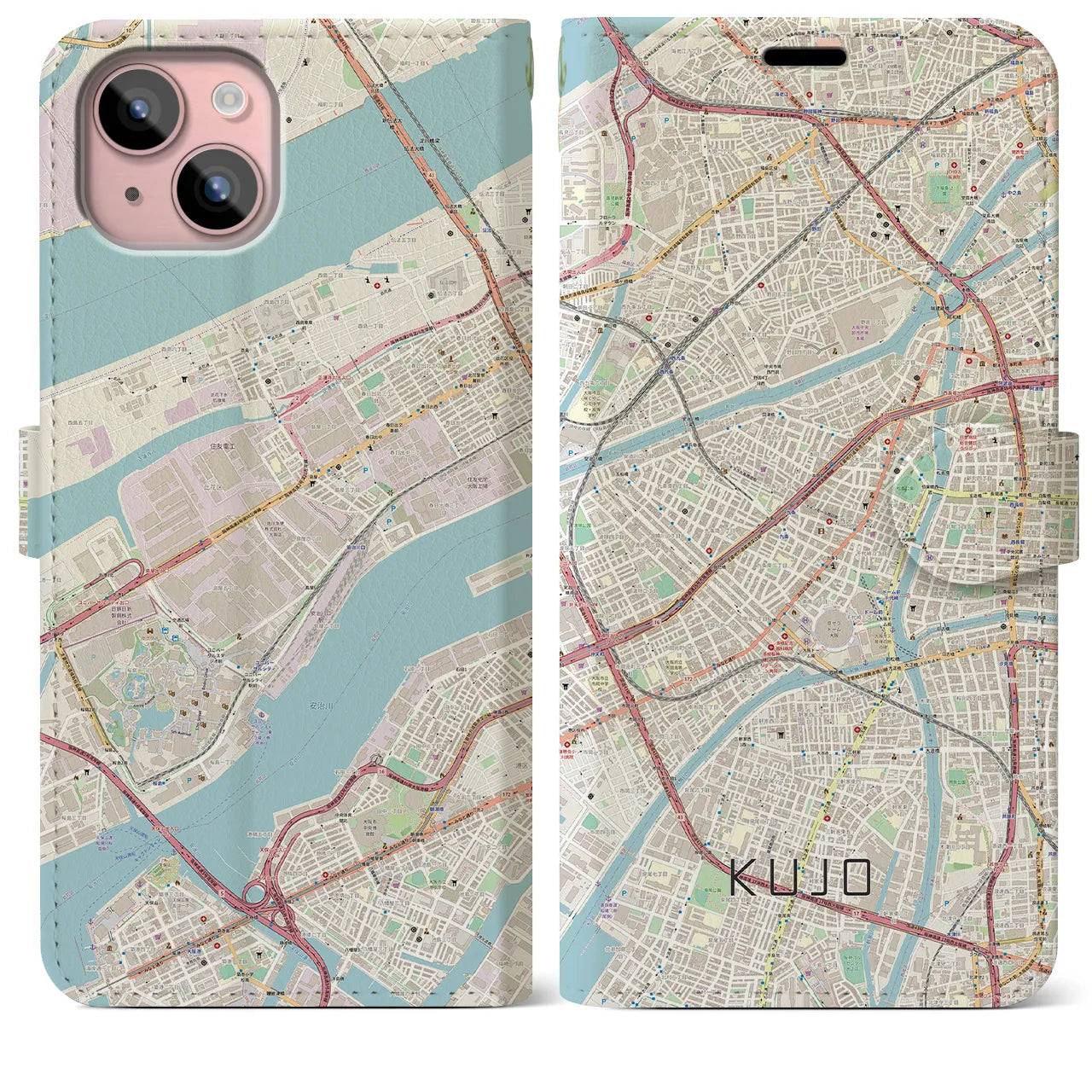 【九条（大阪府）】地図柄iPhoneケース（手帳両面タイプ・ナチュラル）iPhone 15 Plus 用