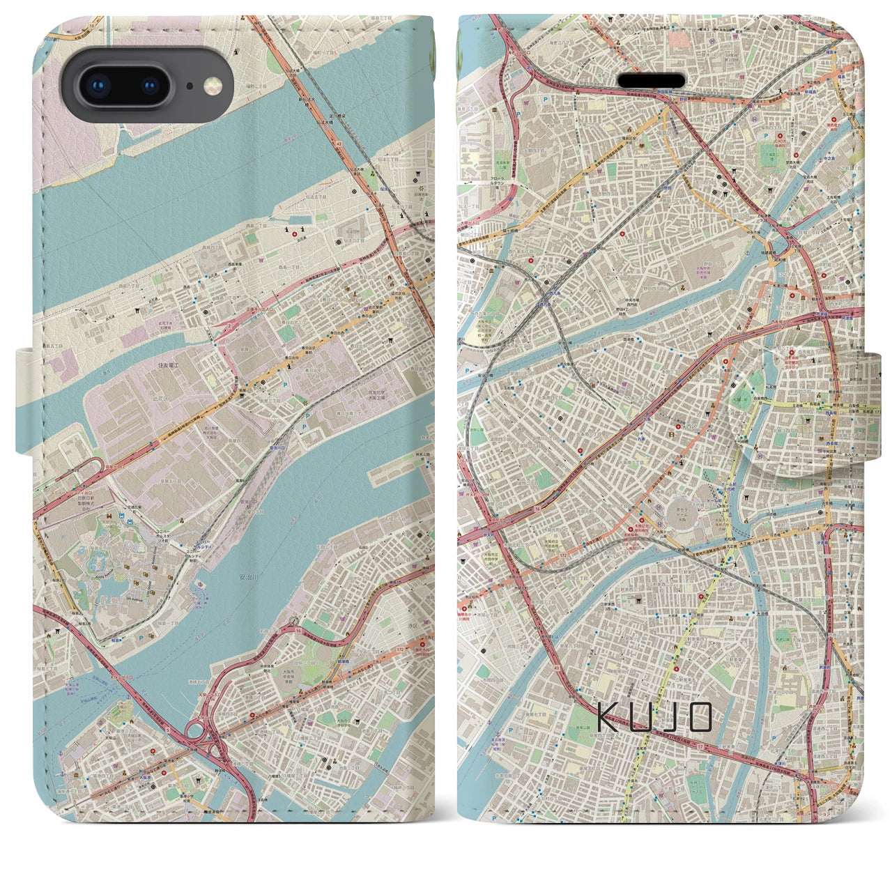【九条（大阪府）】地図柄iPhoneケース（手帳両面タイプ・ナチュラル）iPhone 8Plus /7Plus / 6sPlus / 6Plus 用
