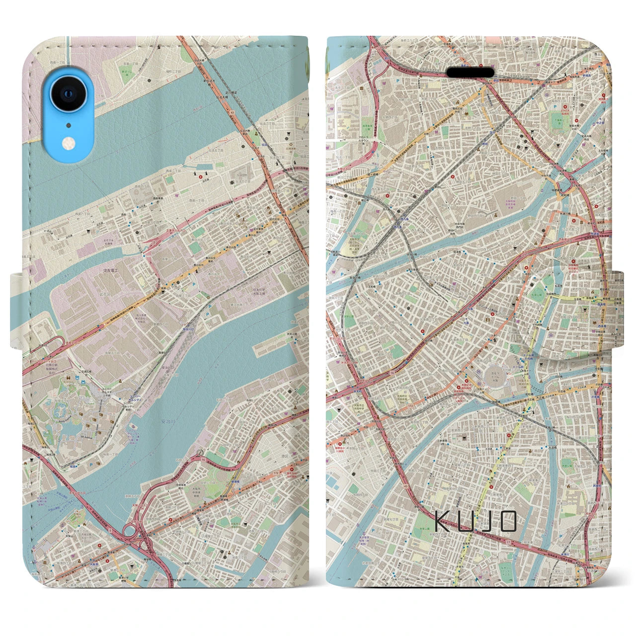 【九条（大阪府）】地図柄iPhoneケース（手帳両面タイプ・ナチュラル）iPhone XR 用
