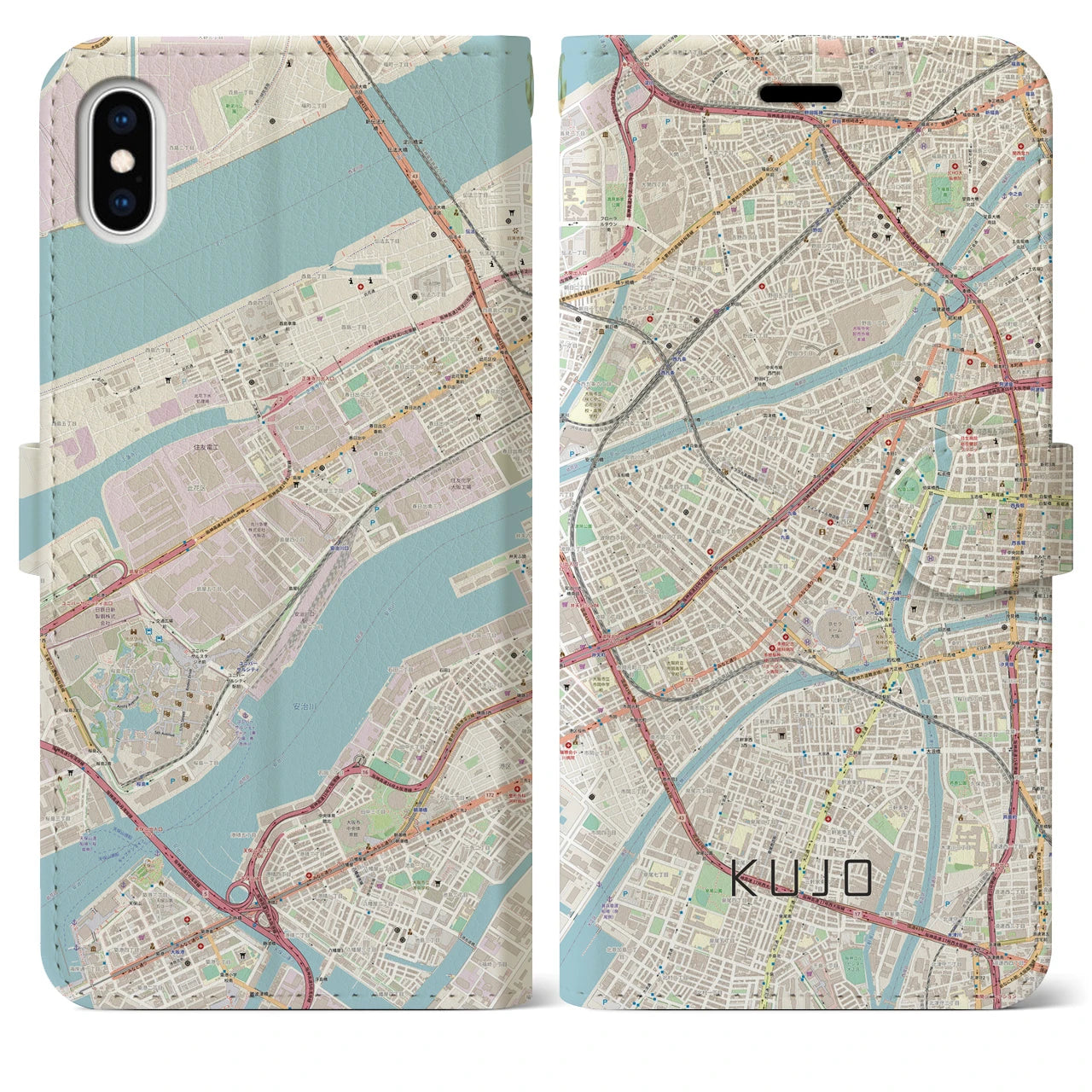 【九条（大阪府）】地図柄iPhoneケース（手帳両面タイプ・ナチュラル）iPhone XS Max 用