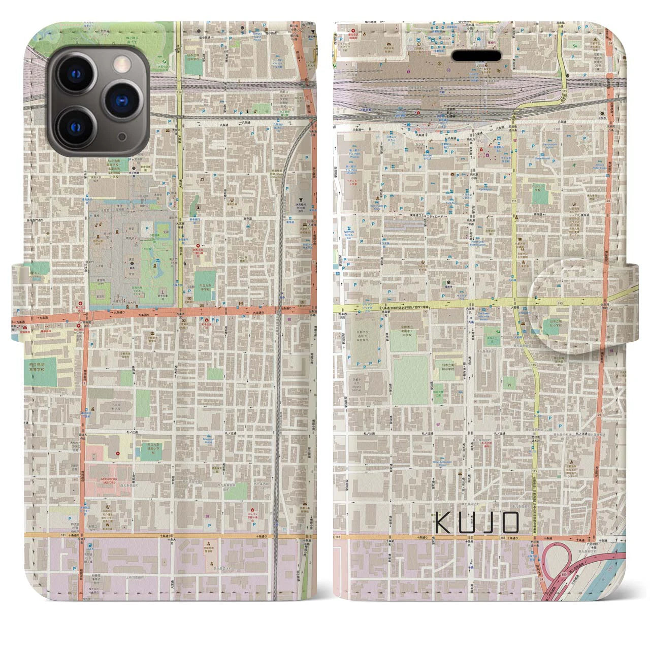 【九条】地図柄iPhoneケース（手帳両面タイプ・ナチュラル）iPhone 11 Pro Max 用