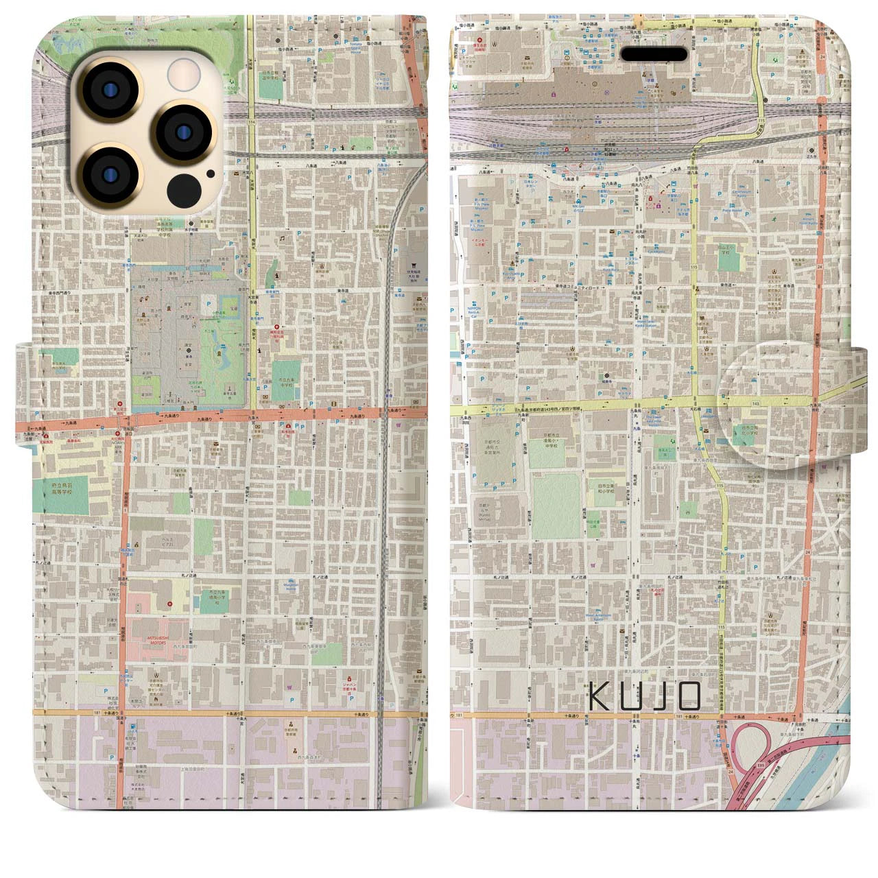 【九条】地図柄iPhoneケース（手帳両面タイプ・ナチュラル）iPhone 12 Pro Max 用