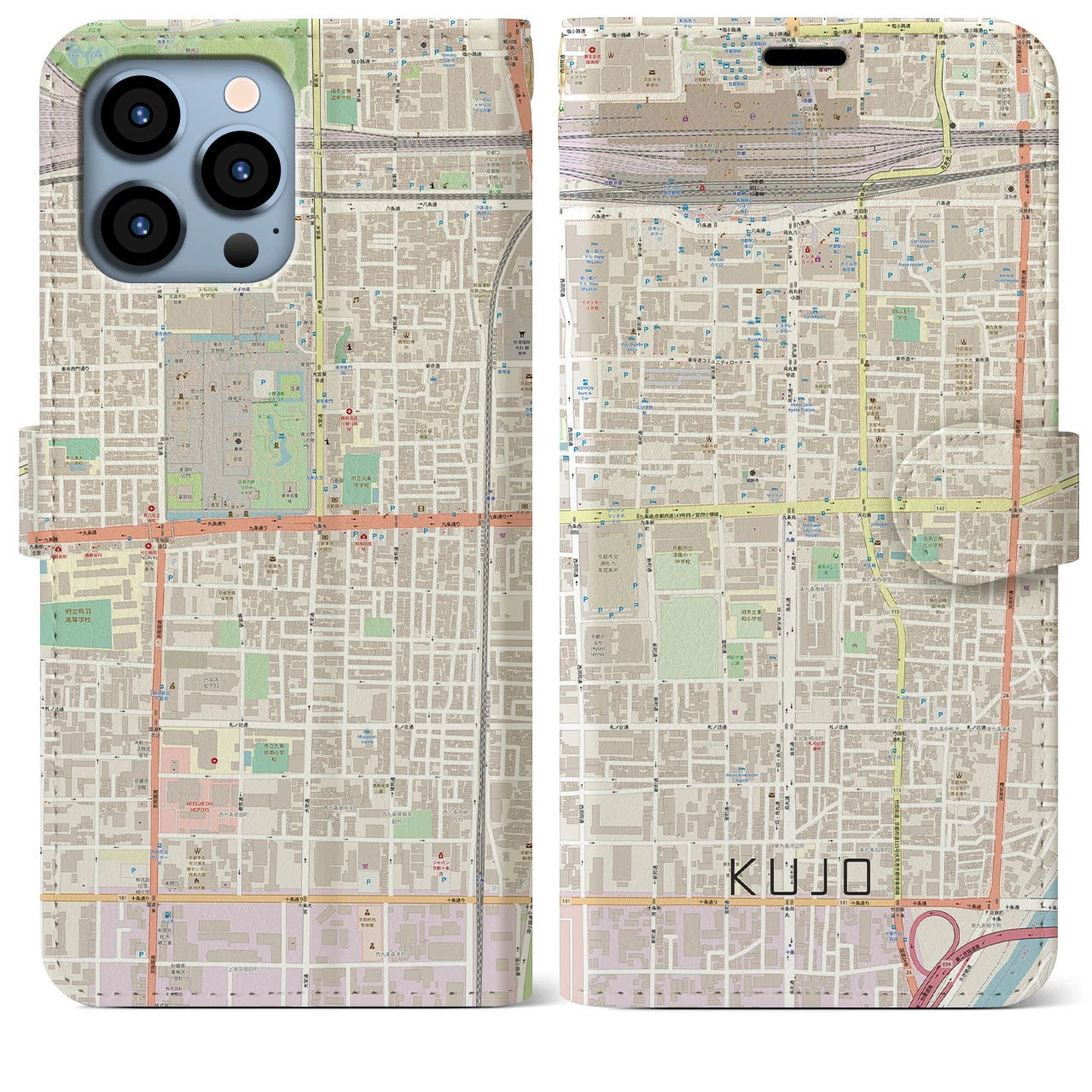 【九条】地図柄iPhoneケース（手帳両面タイプ・ナチュラル）iPhone 13 Pro Max 用