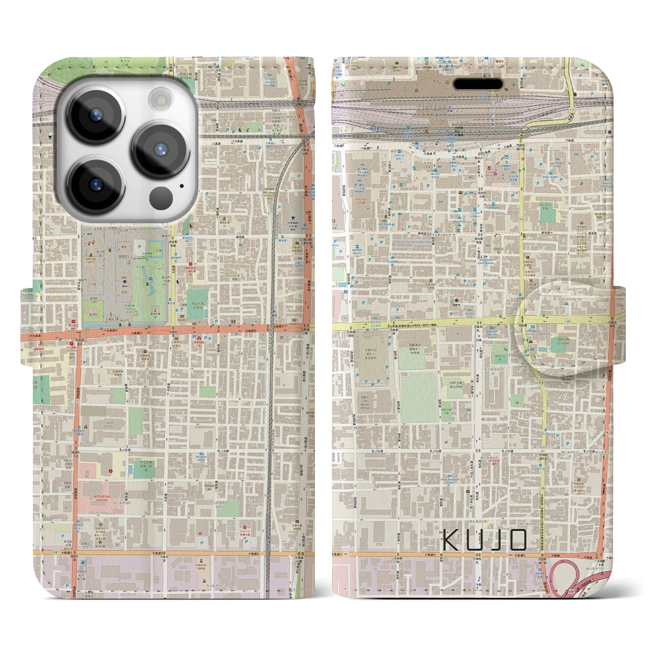 【九条】地図柄iPhoneケース（手帳両面タイプ・ナチュラル）iPhone 14 Pro 用