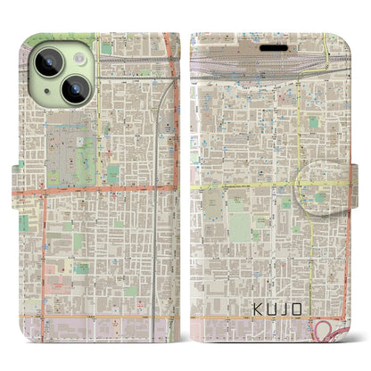 【九条（京都府）】地図柄iPhoneケース（手帳タイプ）ナチュラル・iPhone 15 用