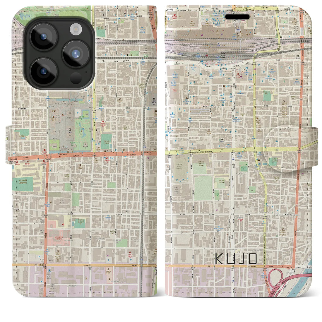 【九条】地図柄iPhoneケース（手帳両面タイプ・ナチュラル）iPhone 15 Pro Max 用