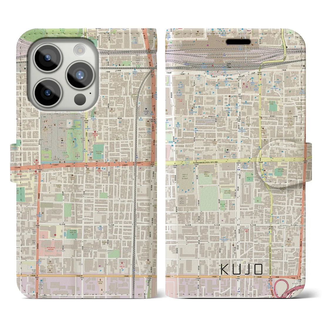 【九条】地図柄iPhoneケース（手帳両面タイプ・ナチュラル）iPhone 15 Pro 用