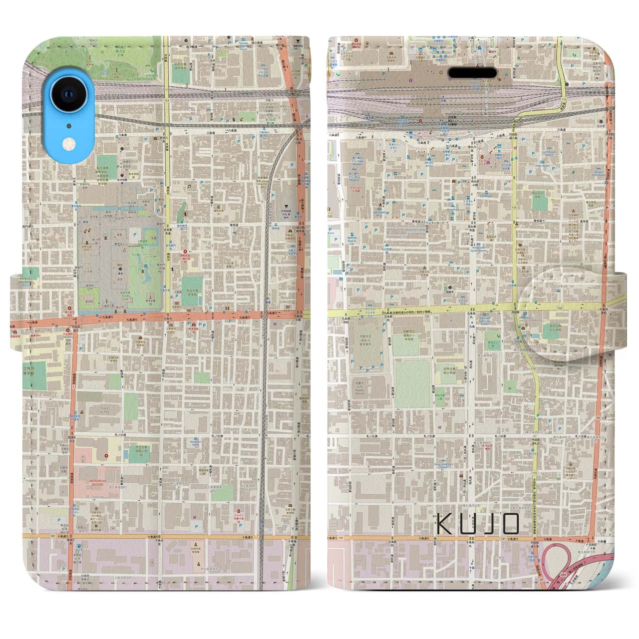 【九条】地図柄iPhoneケース（手帳両面タイプ・ナチュラル）iPhone XR 用