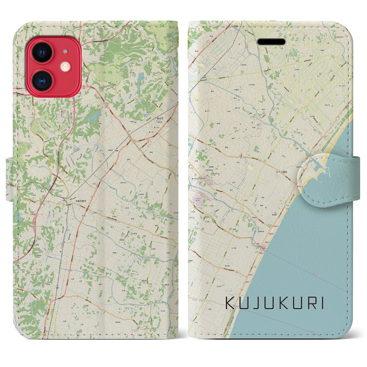 【九十九里】地図柄iPhoneケース（手帳両面タイプ・ナチュラル）iPhone 11 用
