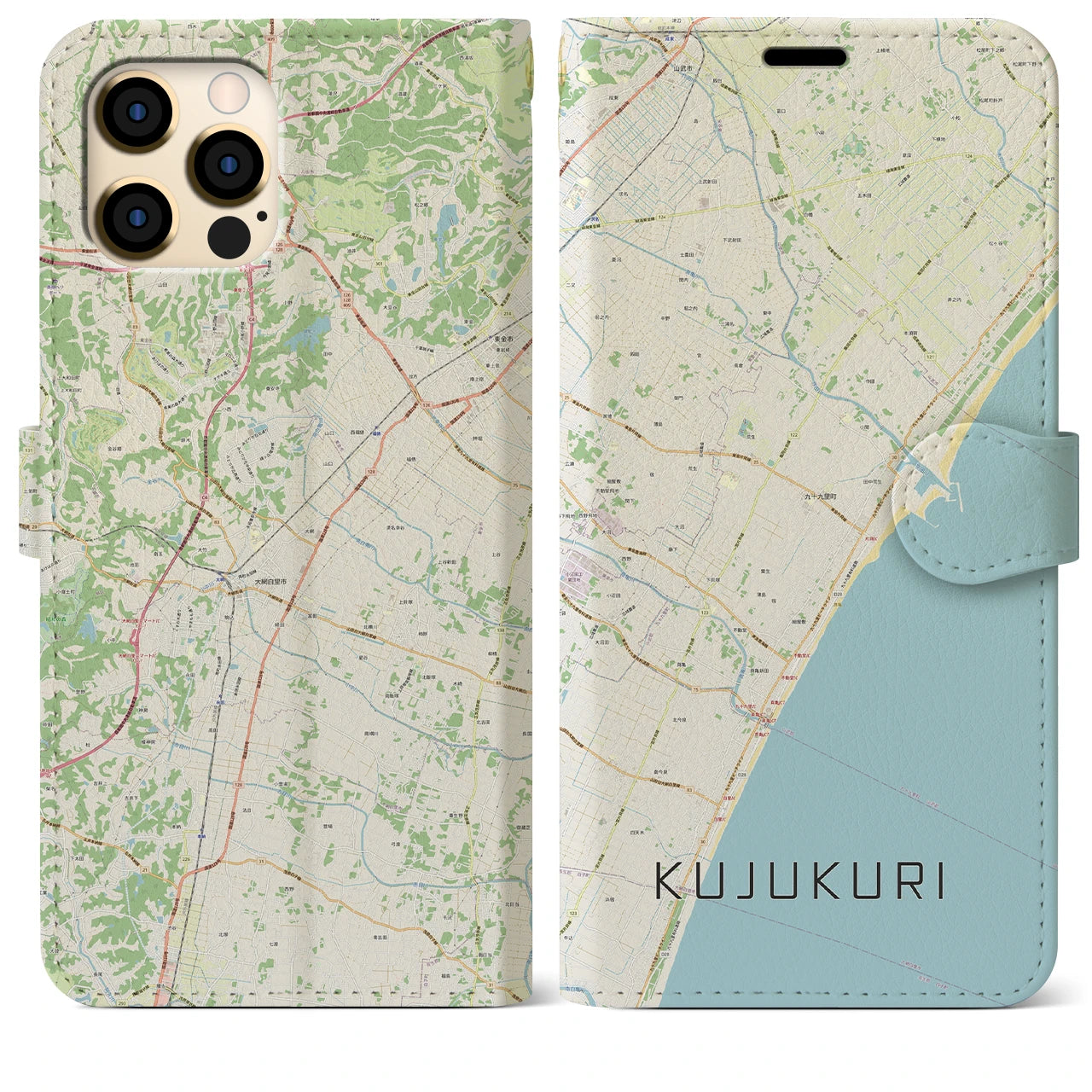 【九十九里】地図柄iPhoneケース（手帳両面タイプ・ナチュラル）iPhone 12 Pro Max 用
