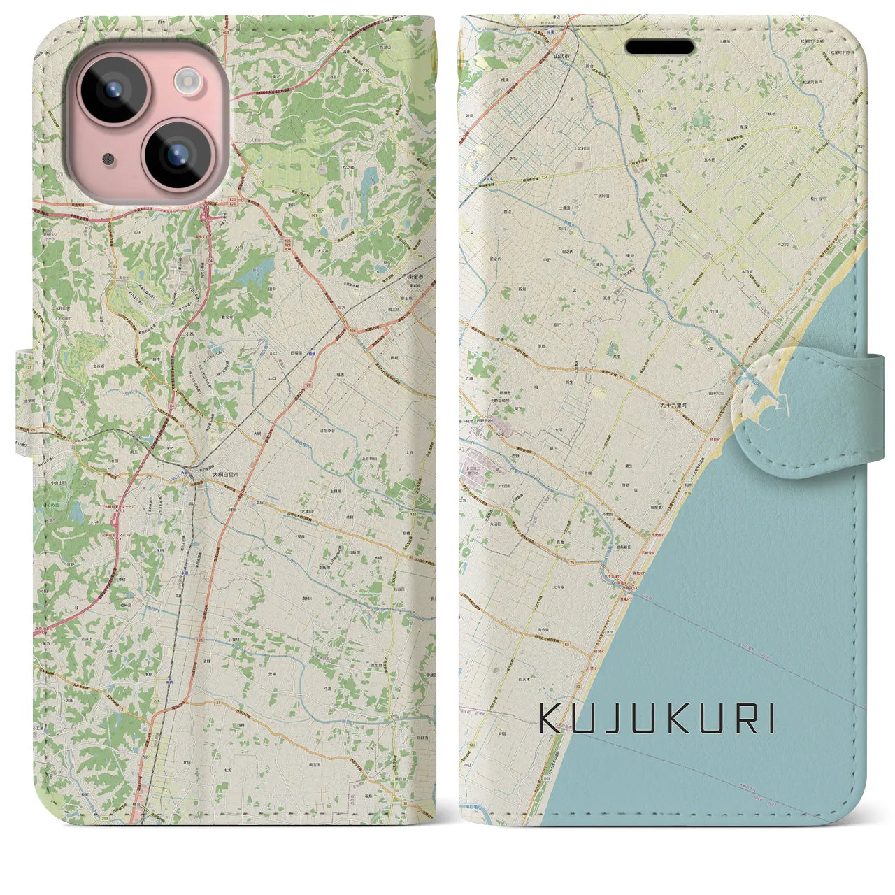 【九十九里】地図柄iPhoneケース（手帳両面タイプ・ナチュラル）iPhone 15 Plus 用
