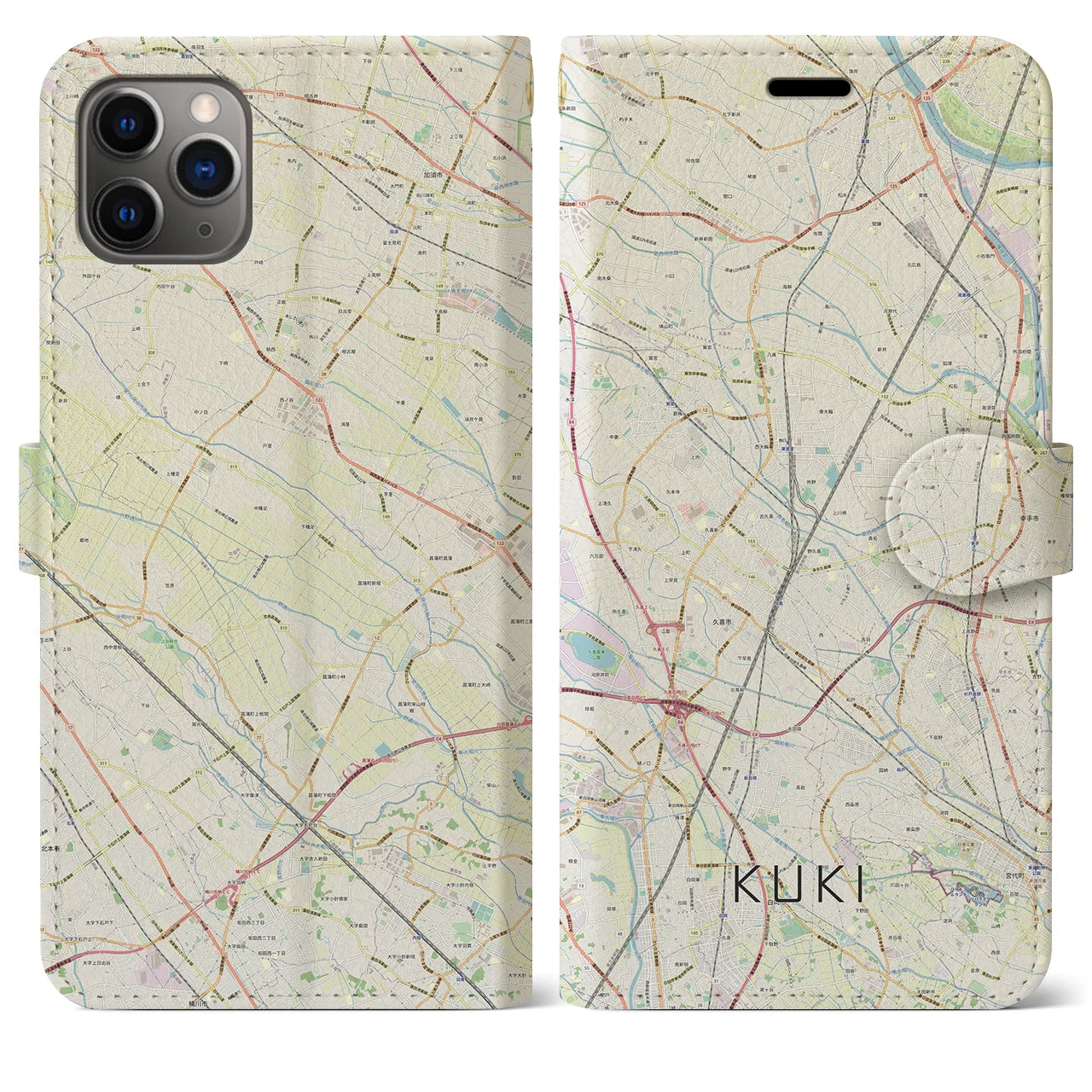 【久喜】地図柄iPhoneケース（手帳両面タイプ・ナチュラル）iPhone 11 Pro Max 用