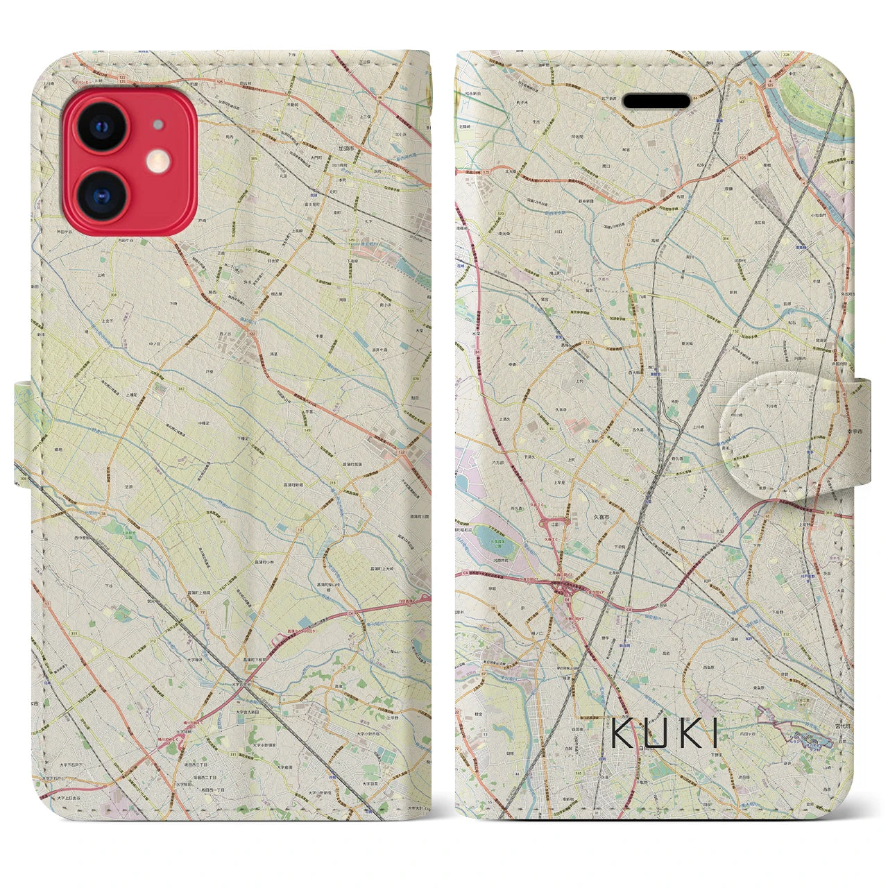 【久喜】地図柄iPhoneケース（手帳両面タイプ・ナチュラル）iPhone 11 用