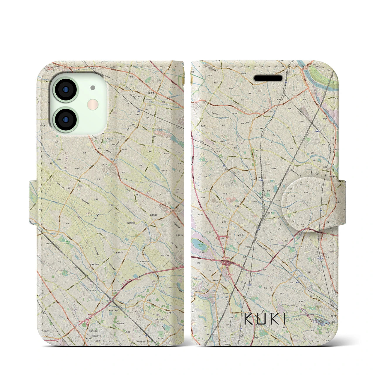 【久喜】地図柄iPhoneケース（手帳両面タイプ・ナチュラル）iPhone 12 mini 用