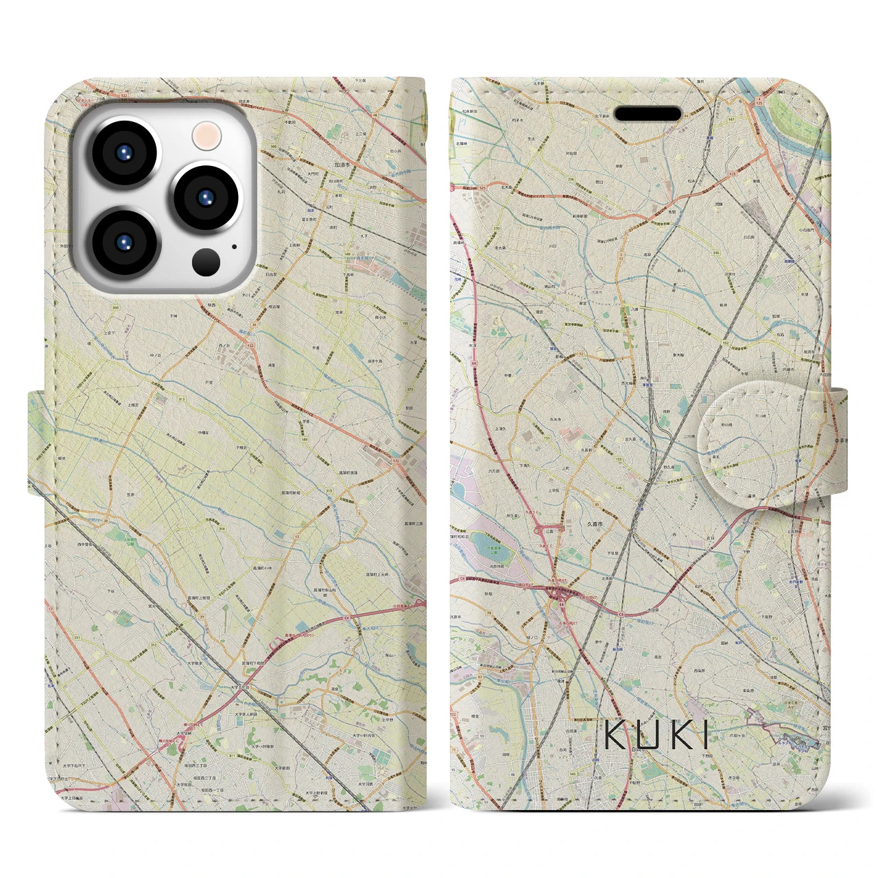 【久喜】地図柄iPhoneケース（手帳両面タイプ・ナチュラル）iPhone 13 Pro 用