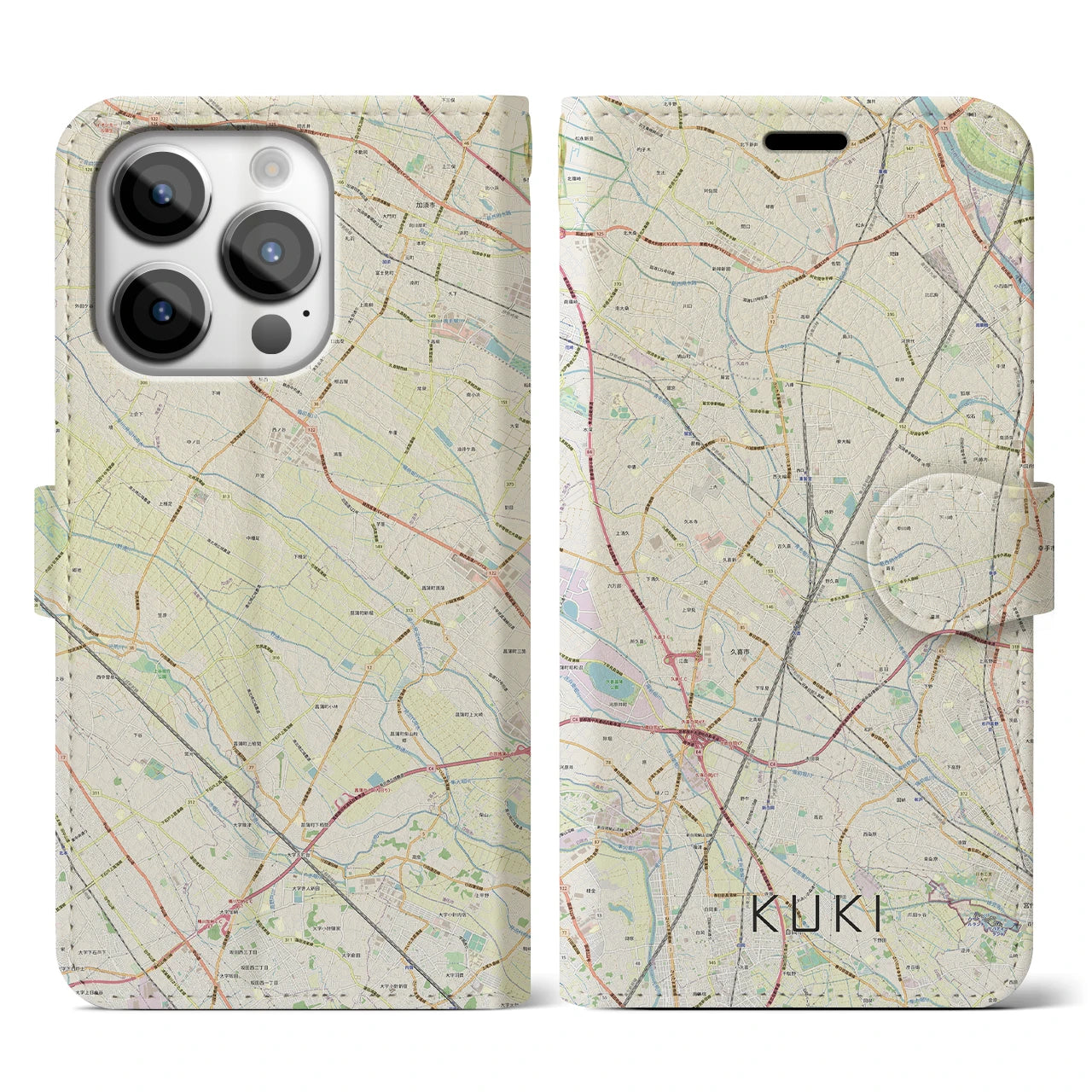 【久喜】地図柄iPhoneケース（手帳両面タイプ・ナチュラル）iPhone 14 Pro 用