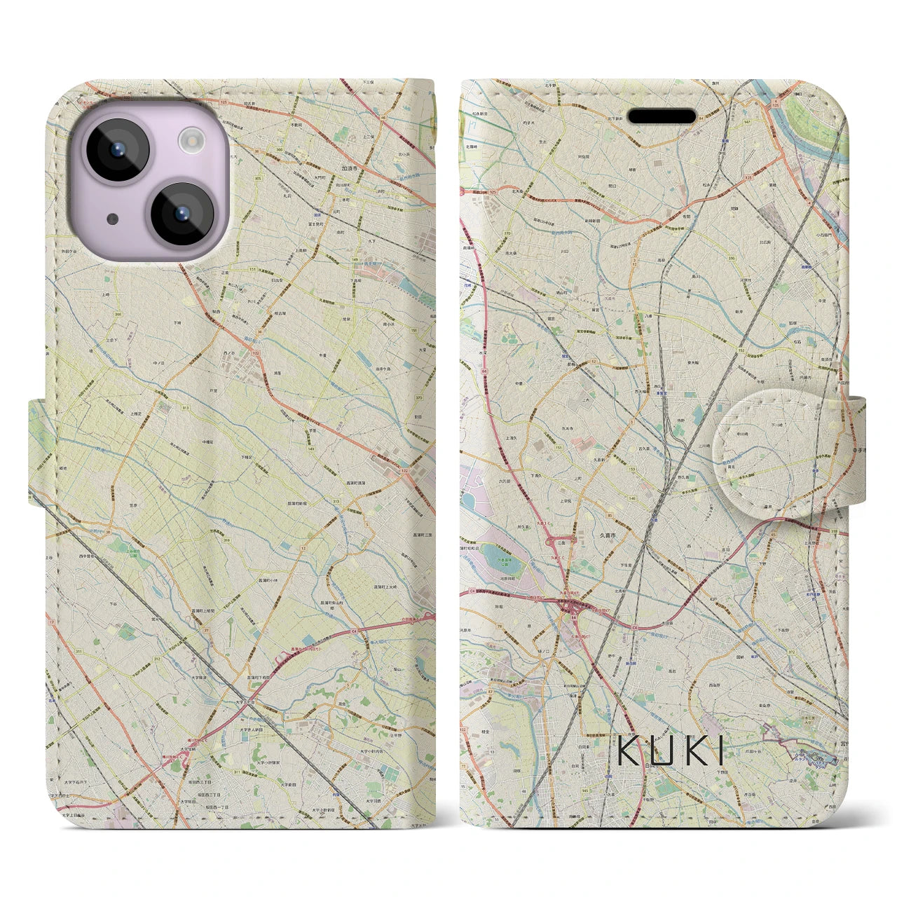 【久喜】地図柄iPhoneケース（手帳両面タイプ・ナチュラル）iPhone 14 用