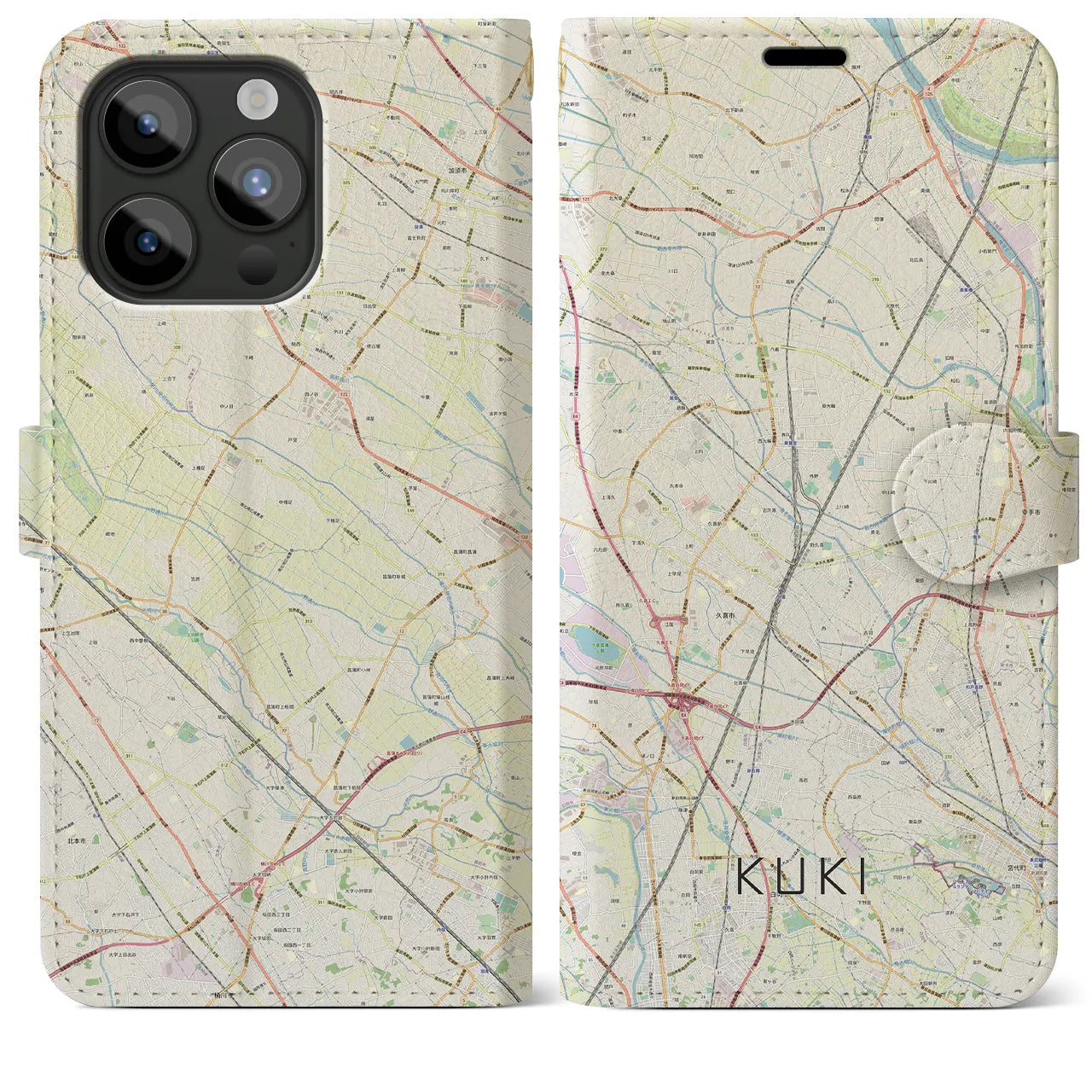 【久喜】地図柄iPhoneケース（手帳両面タイプ・ナチュラル）iPhone 15 Pro Max 用