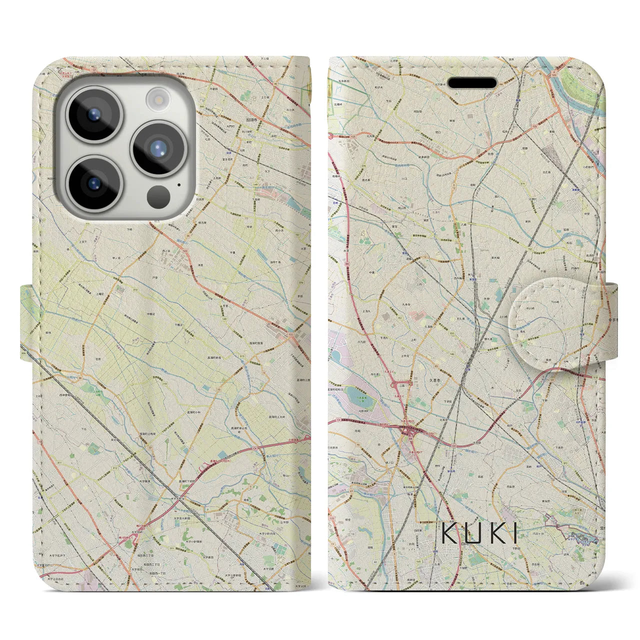 【久喜】地図柄iPhoneケース（手帳両面タイプ・ナチュラル）iPhone 15 Pro 用