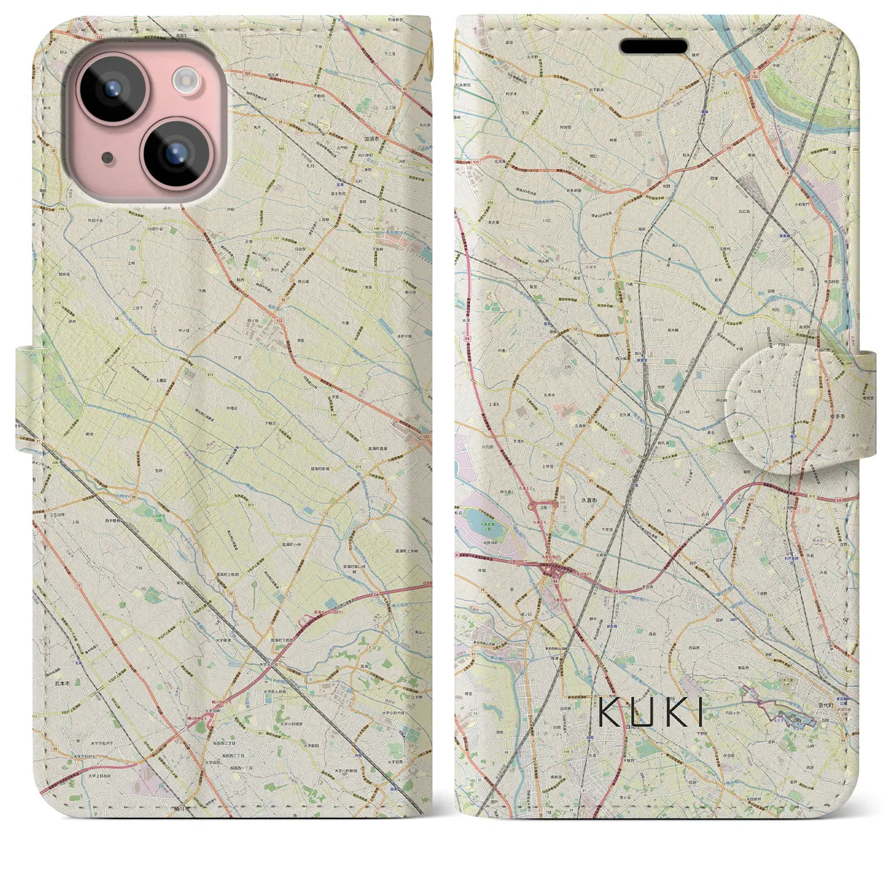 【久喜】地図柄iPhoneケース（手帳両面タイプ・ナチュラル）iPhone 15 Plus 用
