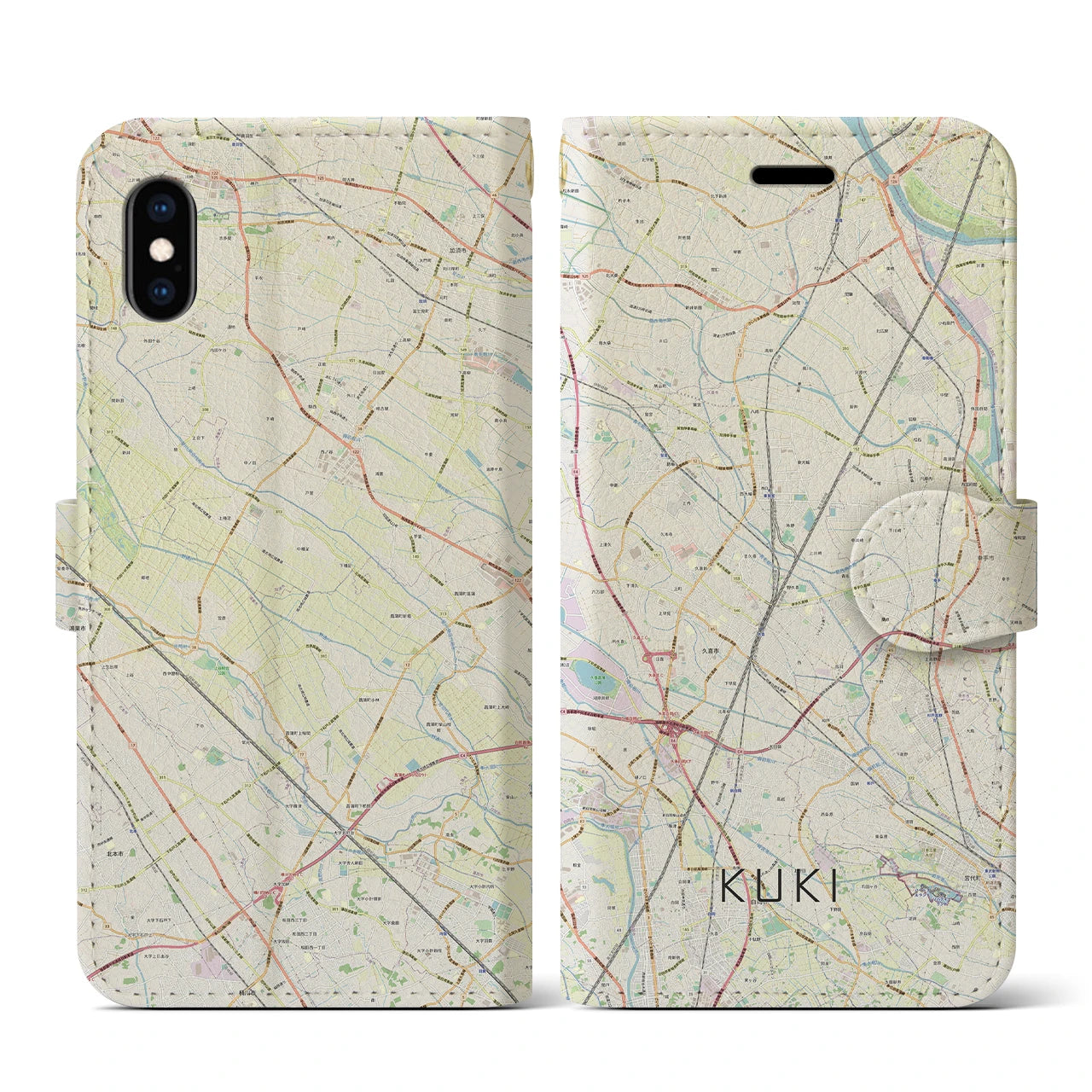 【久喜】地図柄iPhoneケース（手帳両面タイプ・ナチュラル）iPhone XS / X 用