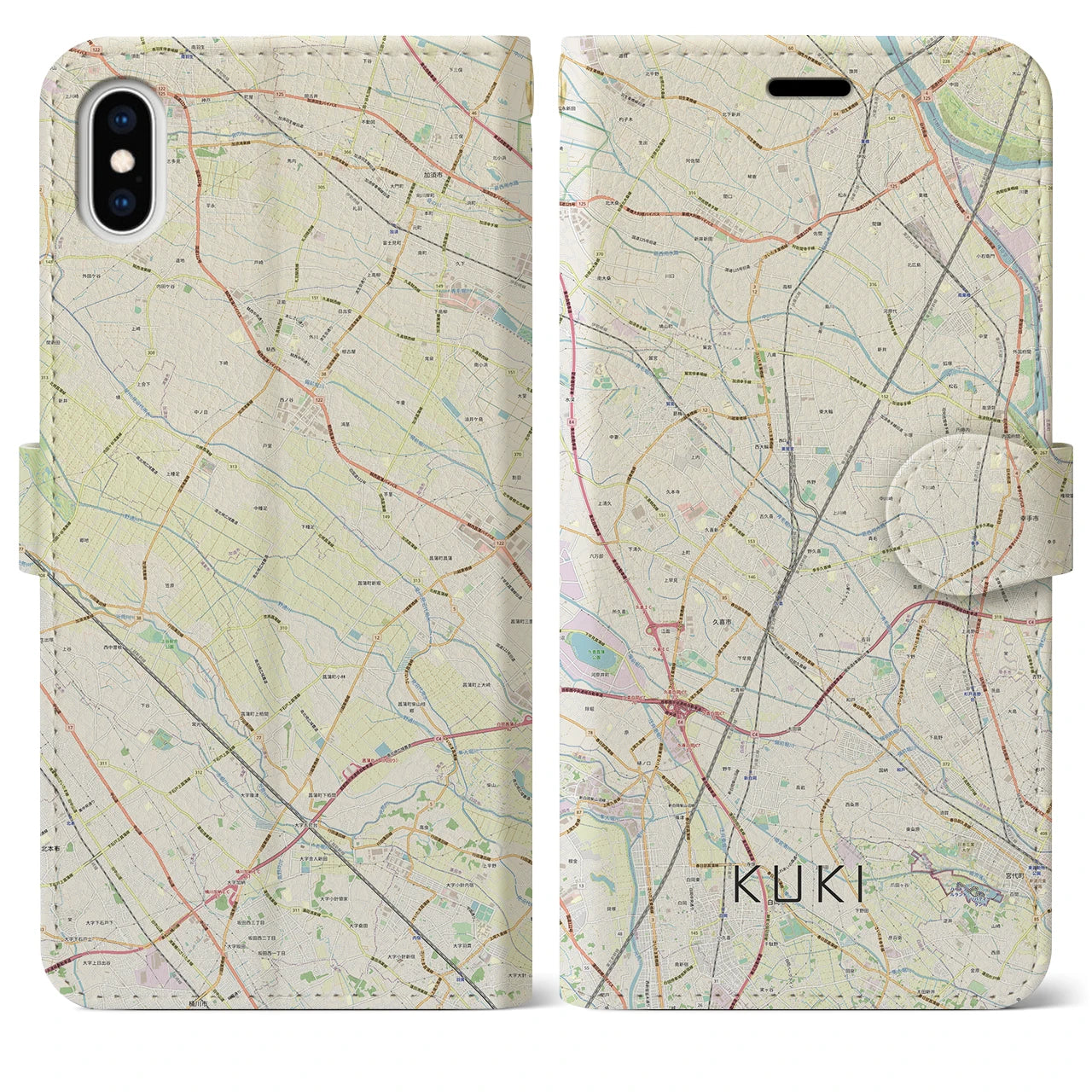 【久喜】地図柄iPhoneケース（手帳両面タイプ・ナチュラル）iPhone XS Max 用