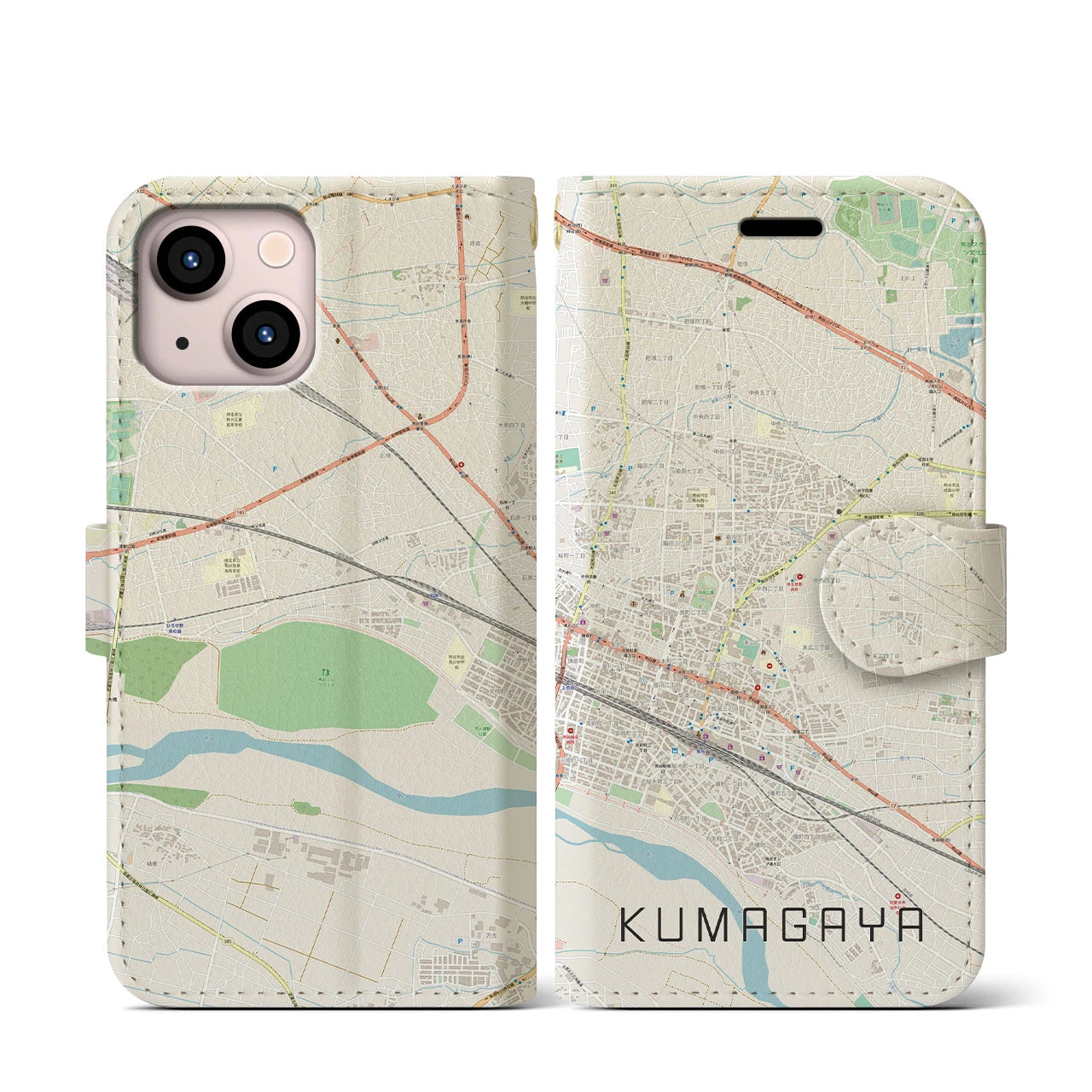 【熊谷】地図柄iPhoneケース（手帳両面タイプ・ナチュラル）iPhone 13 mini 用
