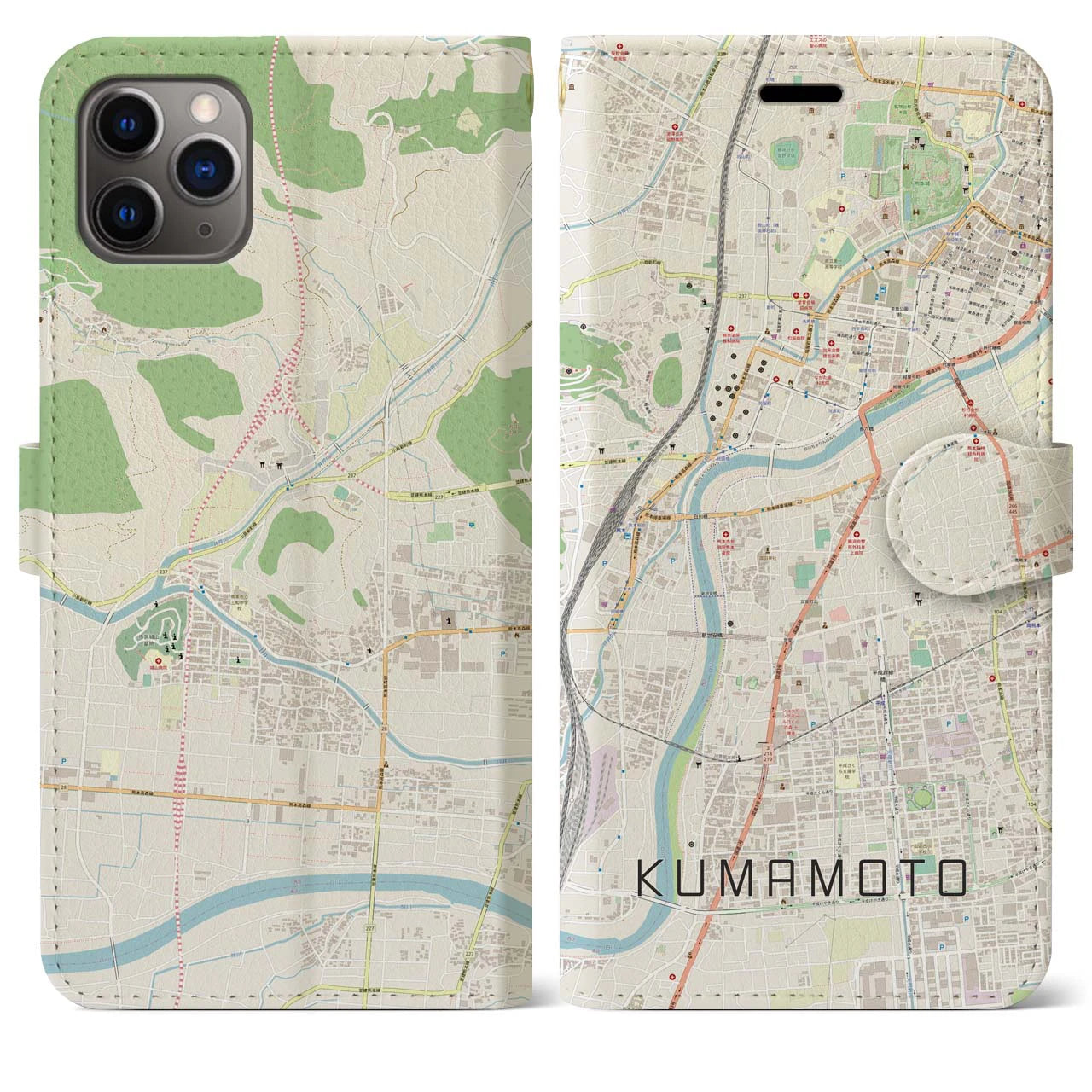 【熊本】地図柄iPhoneケース（手帳両面タイプ・ナチュラル）iPhone 11 Pro Max 用