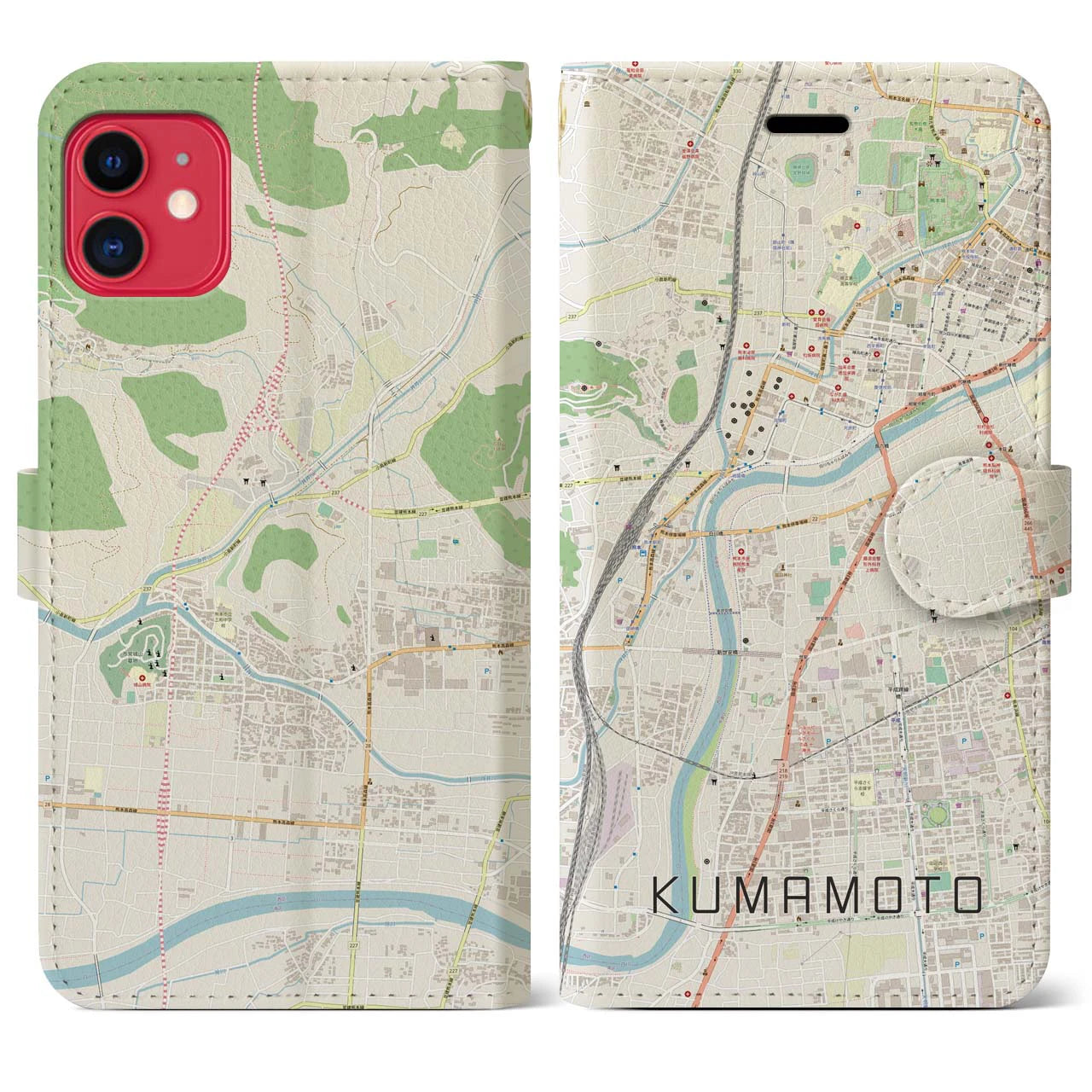 【熊本】地図柄iPhoneケース（手帳両面タイプ・ナチュラル）iPhone 11 用